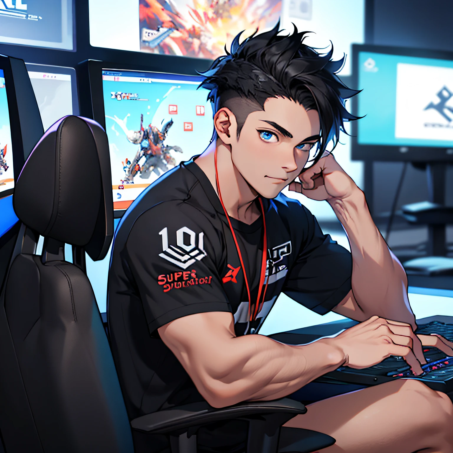 Best quality: 1.0), (Super High Resolution: 1.0), Anime boy, short black hair, blue eyes, sitting in front of computer playing games, background in esports room,