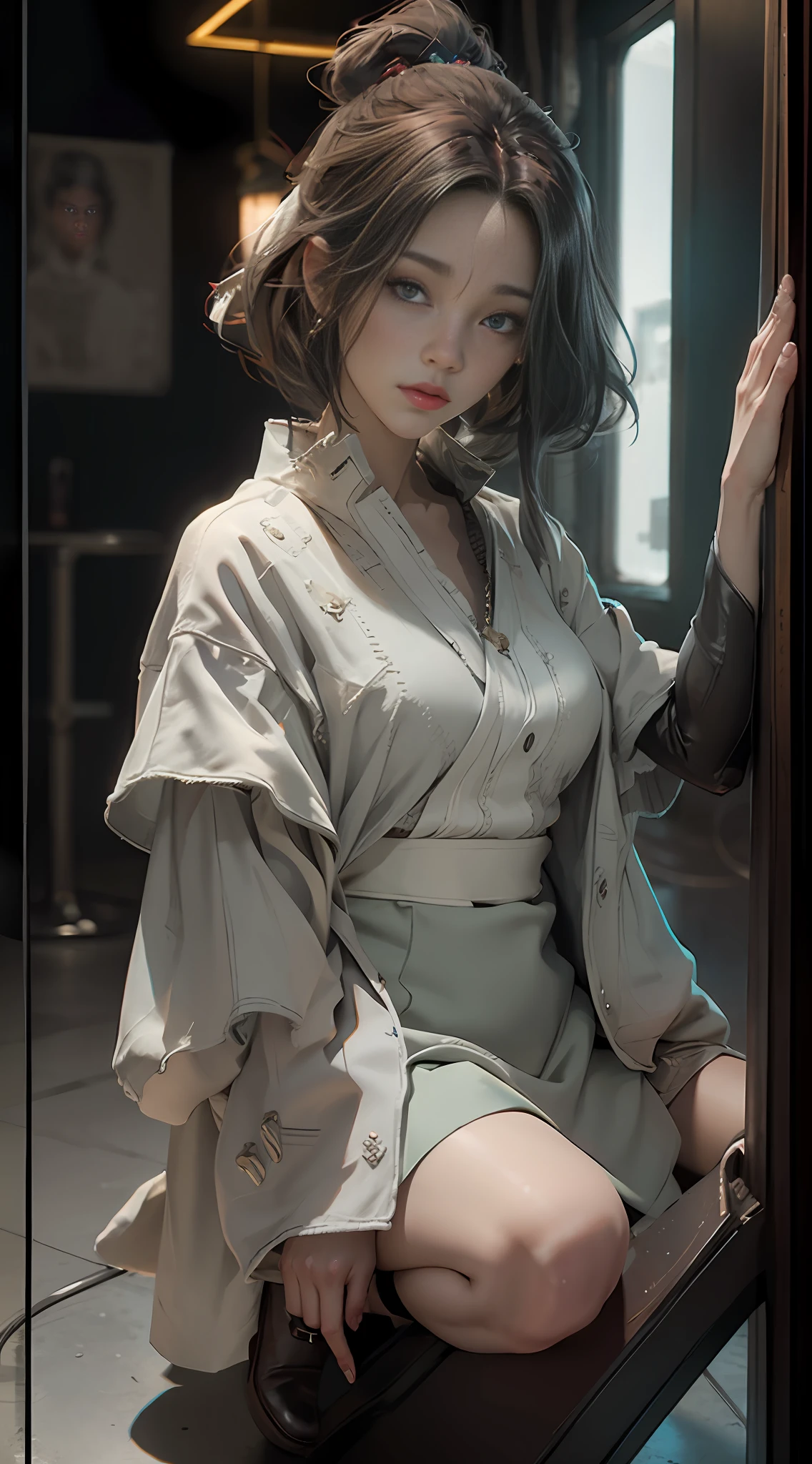 there is a woman sitting on a bench in a room, wlop style, the style of wlop, muted cyberpunk style, in style of wlop, the style of wlop, WLOP |, styled like ghost in the shell, WLOP. 4 k, artwork in the style of guweiz, WLOP! muted color, loish and phlegm