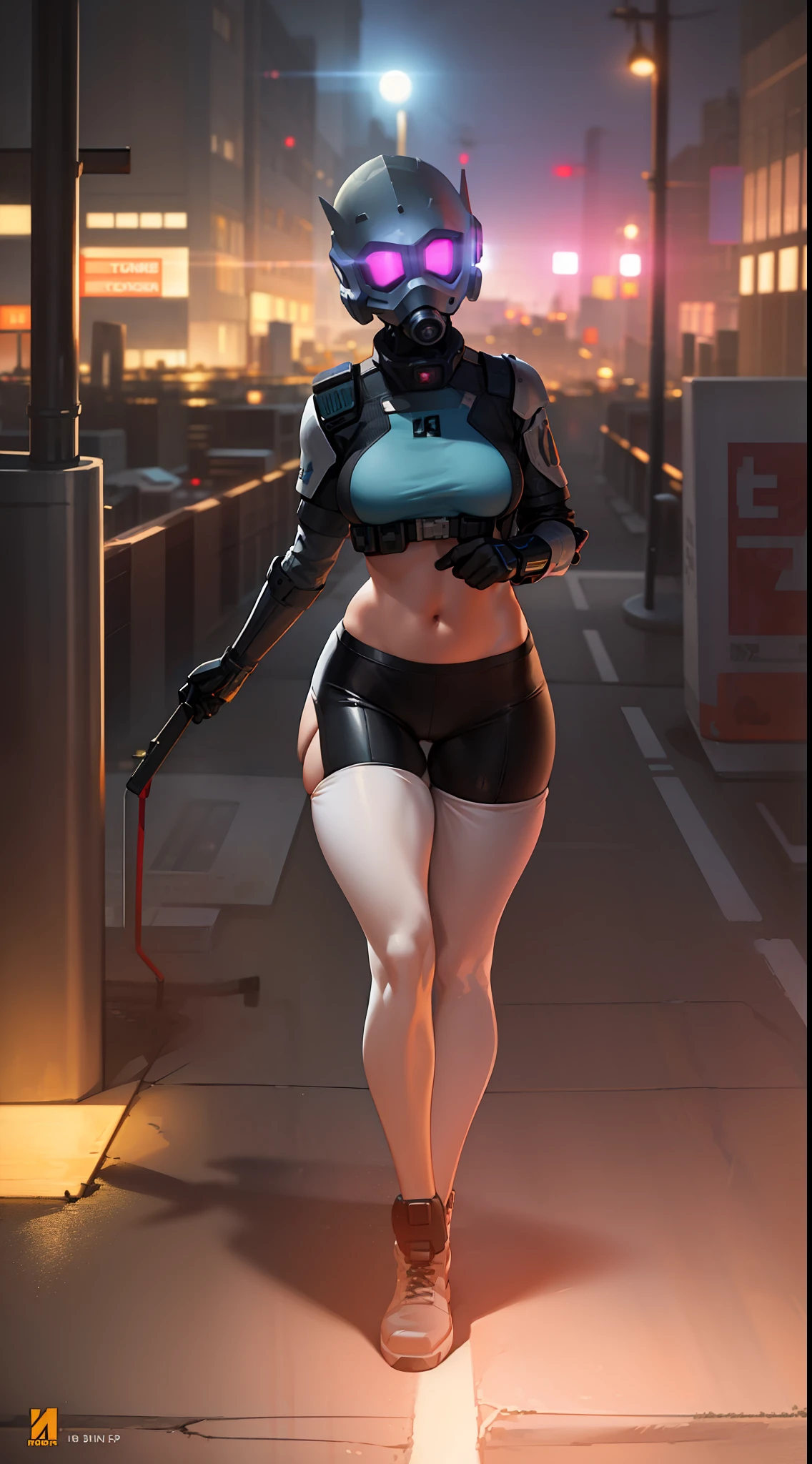 1girl, anime girl, commission for high res, thicc, [ 4 k digital art ]!!, sfw version, detailed fanart, oc commission, character is in her natural pose, anime lush, combine assassin, 1girl, solo, helmet, gloves, military, science fiction, shoulder armor, bulletproof vest, ski mask, balaclava, glowing eyes, petite, black bodysuit, white armor, large breasts, ass, presenting, wide hips, combine assassin, cyberpunk, city, tower, dystopia, neotokyo, ghost in the shell, blue camo, white vest, skintight, exposed thighs, exposed stomach, exposed hips, sexy tight clothes, full body shot, bike shorts, exposed legs, bare legs, street, neon light, blade runner 2049, holograms, hologram billboard, backround characters, backround, police, corporate, rooftop roof, apartment, night time, moon stars, night sky,