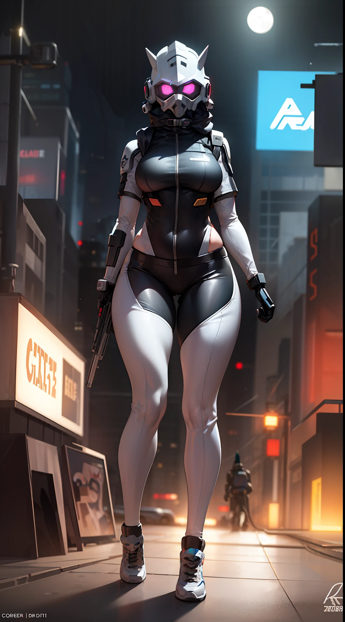 1girl, anime girl, commission for high res, thicc, [ 4 k digital art ]!!, sfw version, detailed fanart, oc commission, character is in her natural pose, anime lush, combine assassin, 1girl, solo, helmet, gloves, military, science fiction, shoulder armor, bulletproof vest, ski mask, balaclava, glowing eyes, petite, black bodysuit, white armor, large breasts, ass, presenting, wide hips, combine assassin, cyberpunk, city, tower, dystopia, neotokyo, ghost in the shell, blue camo, white vest, skintight, exposed thighs, exposed stomach, exposed hips, sexy tight clothes, full body shot, bike shorts, exposed legs, bare legs, street, neon light, blade runner 2049, holograms, hologram billboard, backround characters, backround, police, corporate, rooftop roof, apartment, night time, moon stars, night sky,