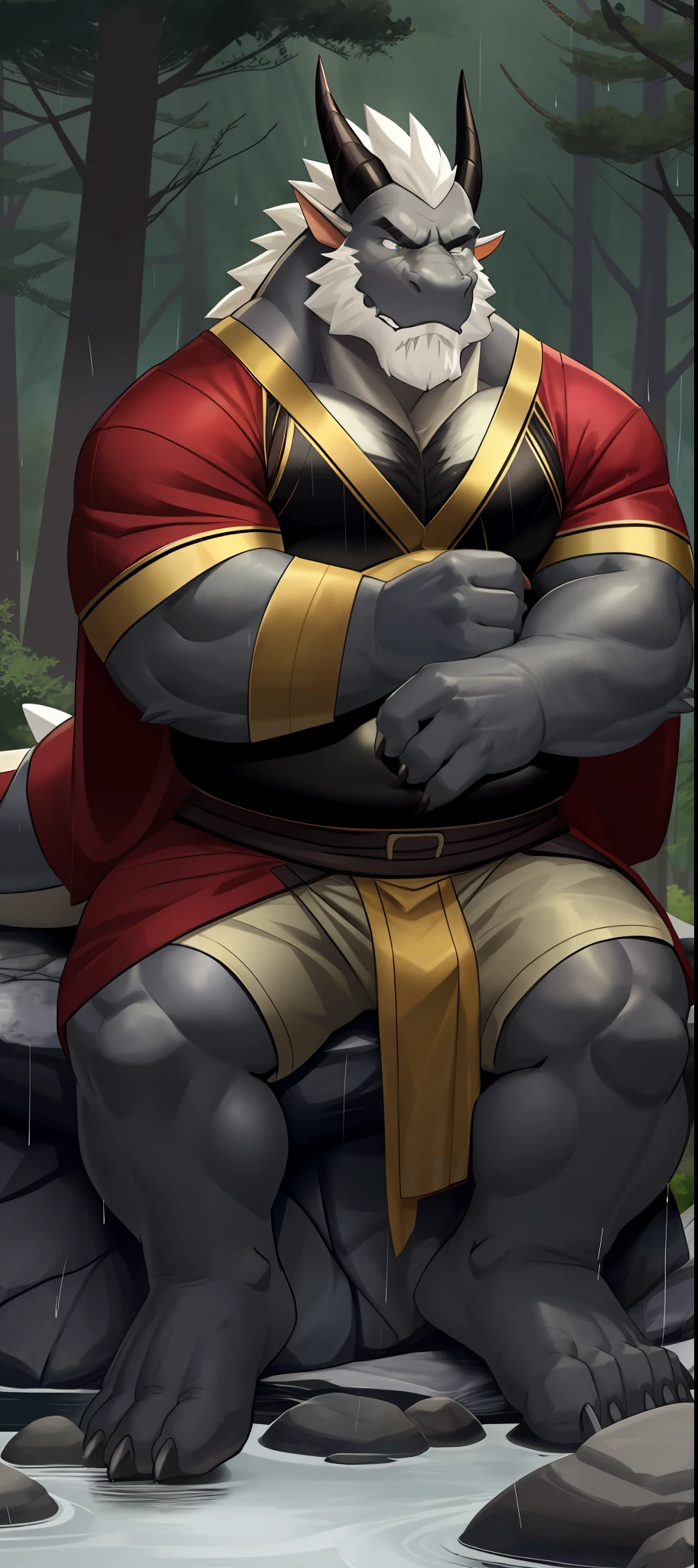Wallpaper 8K, anthro, male, old chubby Dragon, Old man, detailed eyes, detailed clothing, fat, big fat. overweight, white beard, Samurai clothes, sad, forest background raining, sitting on big rock, Gray skin, (wild_long_Beard), (long_dragon_mustache),