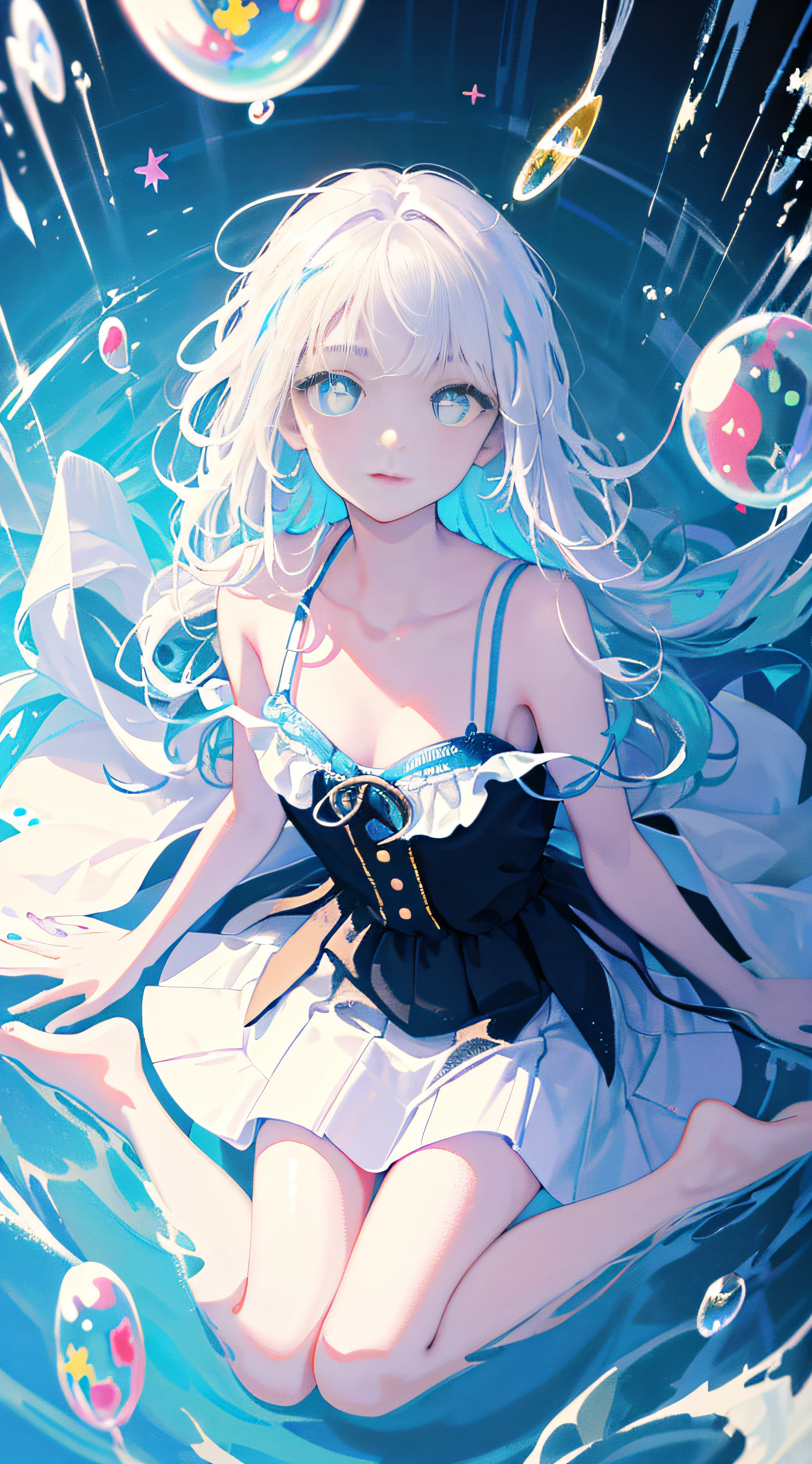 (Masterpiece, Best Quality: 1.2), (Super Detailed), (Illustration), Super High Resolution, Super Delicate Face, Delicate Eyes, Blue Pupils, Finger Details, Wallpaper, Original, 1girl, Messy White Hair, Thin Shoulder Straps, White Skirt, Bare Legs, Barefoot, Bare Arms, Full Body, (Surrounded by Colorful Splashes and Dots), Colored Bubbles, (Shiny), Simple Background