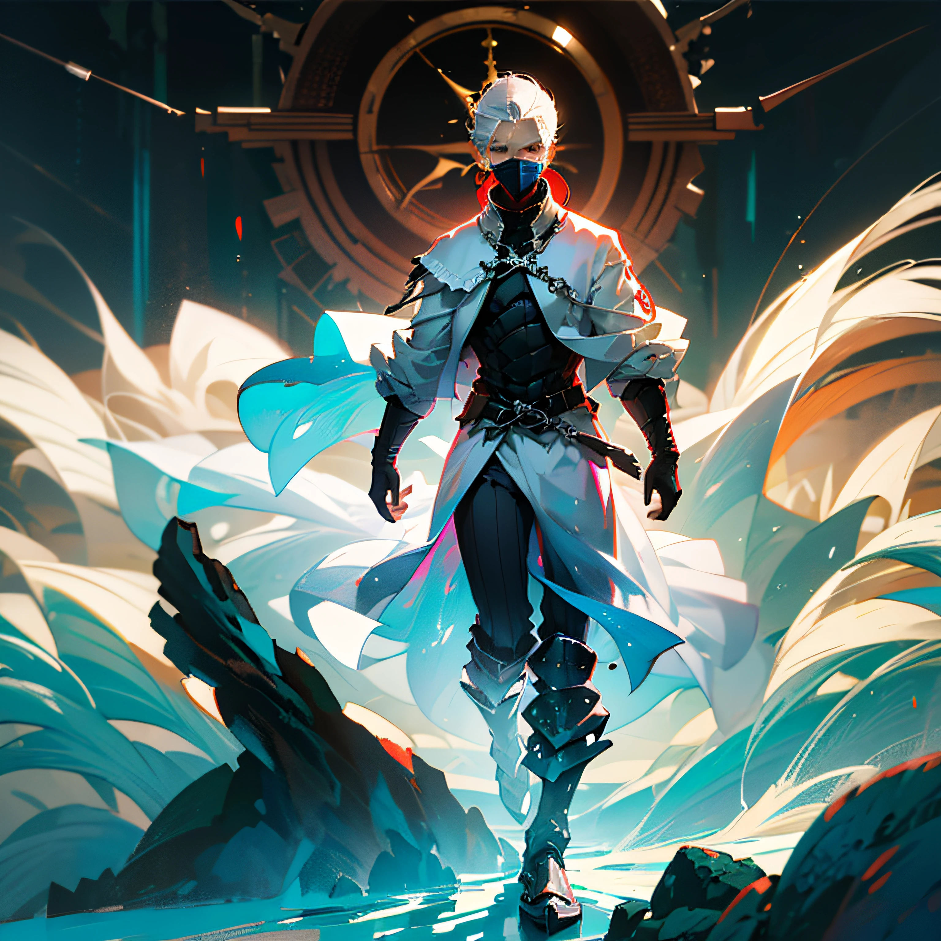 Ark of Tomorrow Male Young Body Fully Wrapped Clothes Standing Painting Fingers in Front White Hair Red Eyes Weak Body Integration Movement Wearing a Mask Sleeves Rolled Up Arm Burns Full Body White Clothes White Trench Coat Standing Painting --auto