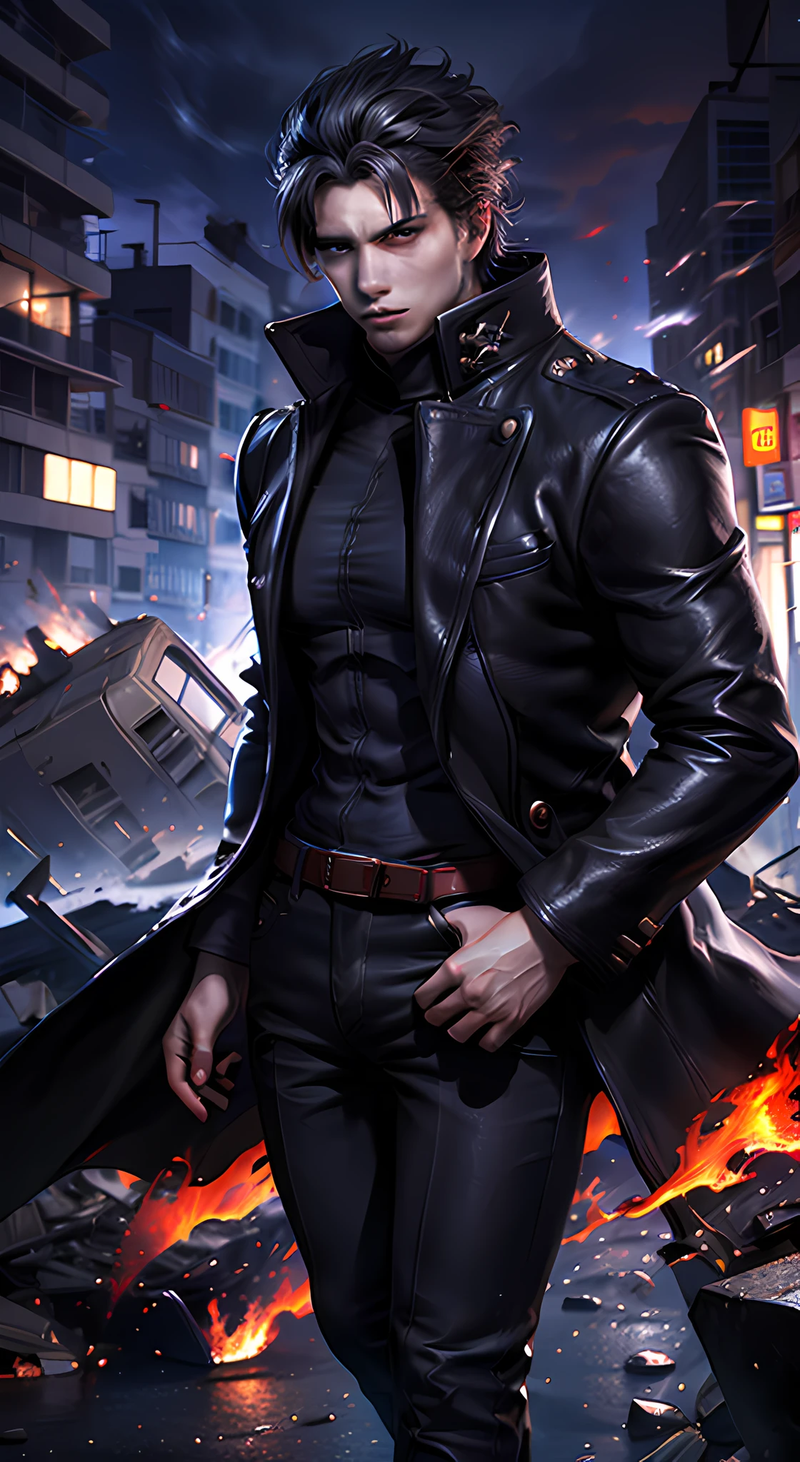 A handsome man, a vampire king with long black hair and red eyes, he wears a brown robe and black outfit with red, coat, fingerless gloves, belt, city, detailed eyes, destroyed buildings, destruction, (night:1.4), natural lighting, cinematic, epic, Battle pose, surrounded by blue fire, wallpaper 4k, highest quality digital art, Stunning art,8k,64k, HD, unparalleled masterpiece, dynamic lighting, cinematic, epic