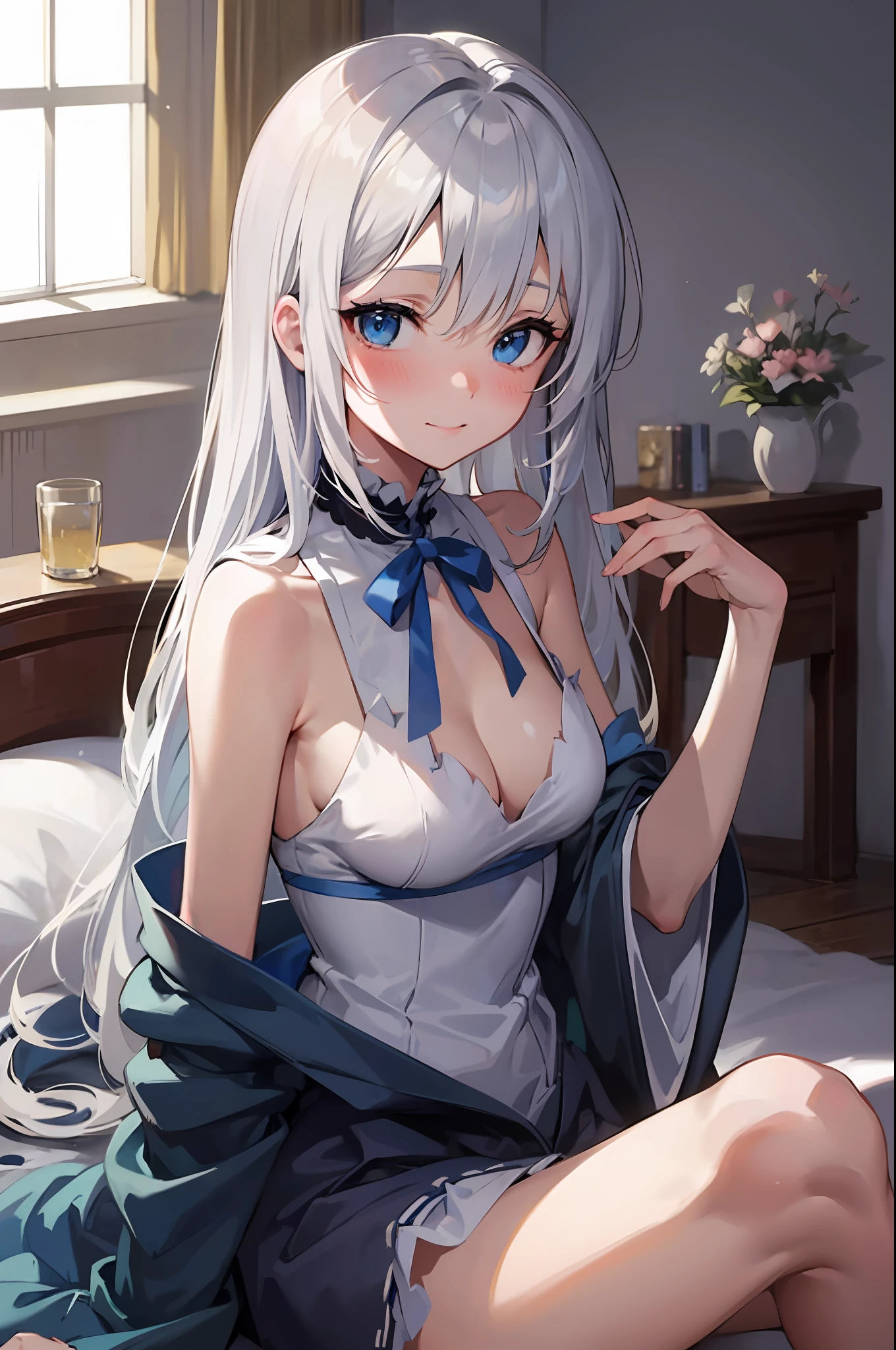 ((Best Quality, 8K, Best Masterpiece)) Anime characters with long gray hair and blue eyes, Anime visuals of young women, Today's featured anime stills, God of White Hair, official art, cute girl anime visuals, Popular isekai anime, Tsuaii, Marisa Kirigami, Anime movies, TV anime still, Isekai, Hestia, Albedo of Anime Overlord Transparency 16 years old　Blue small ribbon in hair smile