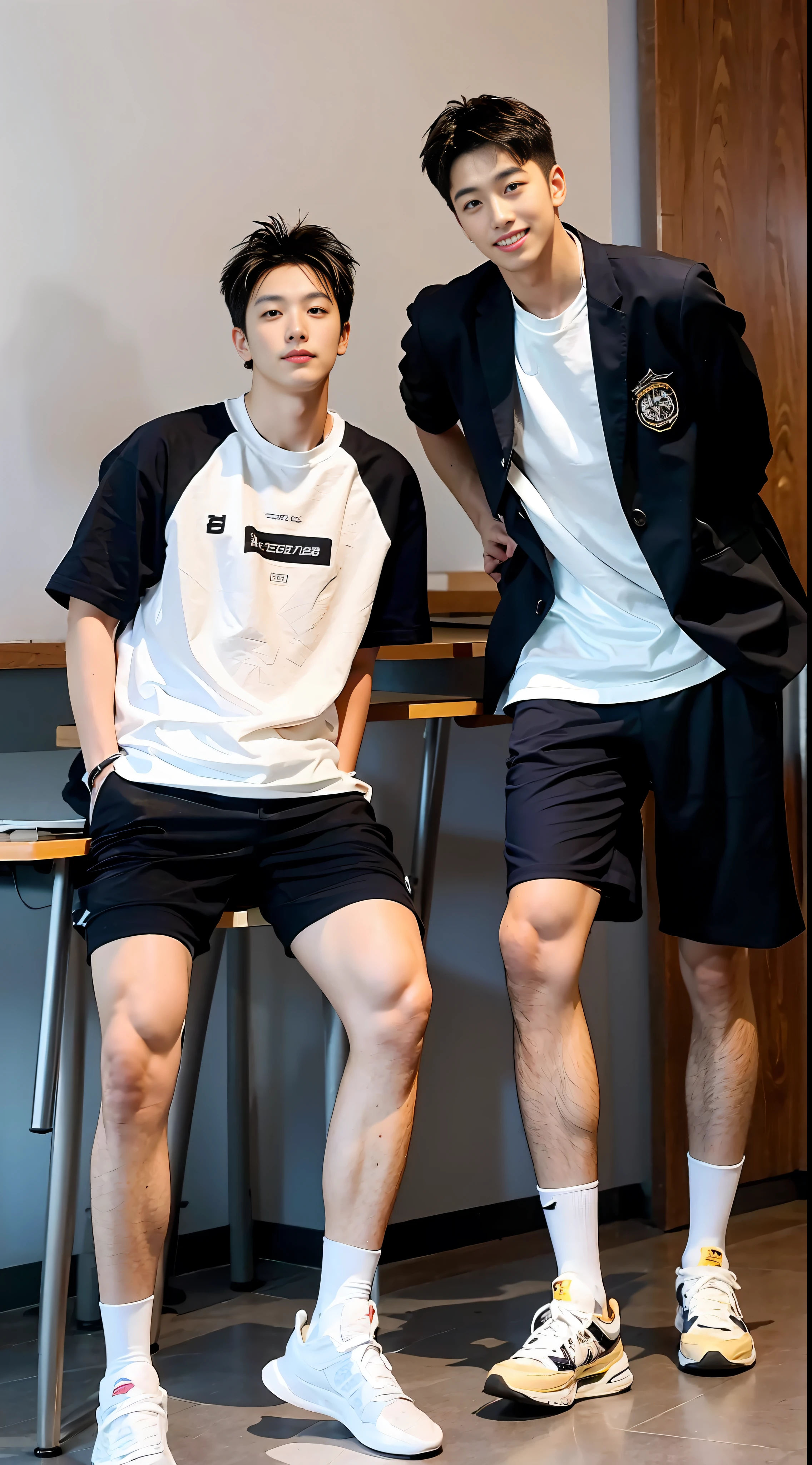 （handsome chinese guy：1.5），Two men lie on desks in the classroom，detalhes realistas， photorealistic photo，Textured Skin，Looking towards the camera，18岁男生,studio,danshi koukousei，model，Long legs Queer Academy， Muscle role， perfect shadows body， Gigachad muscle， The trend is in cgstation， heroic masculine pose