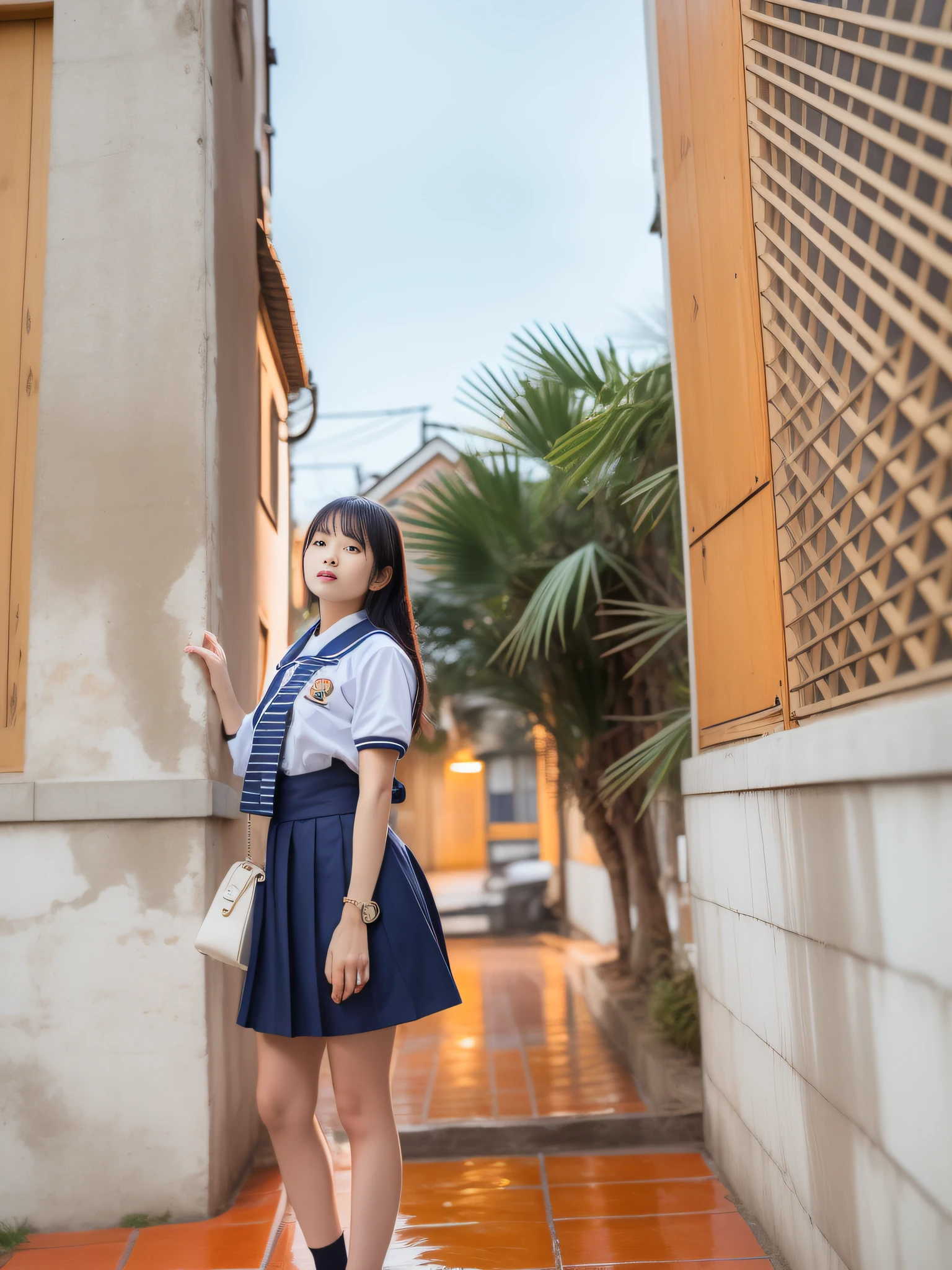 A woman stood in the doorway,Wearing a blue dress, Japanese girl school uniform, wearing Japanese school uniform, loose coat collar sailor uniform, Japan School Uniform, Girl in Uniform, wearing a school soccer uniform, wearing a school soccer uniform, magical school student uniform, sailor uniform, sakimichan hdri, kantai collection style, taken with canon eos 5 d mark iv