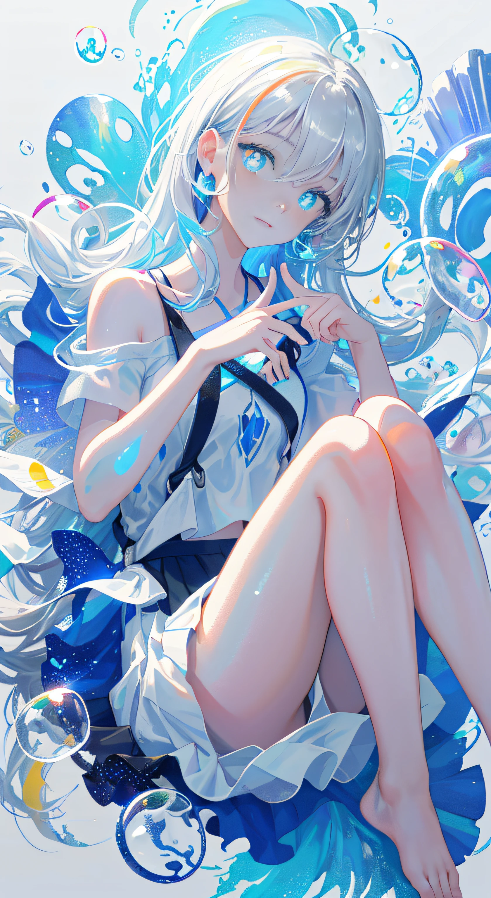 (Masterpiece, Best Quality: 1.2), (Super Detailed), (Illustration), Super High Resolution, Super Delicate Face, Delicate Eyes, Blue Pupils, Finger Details, Wallpaper, Original, 1girl, Messy White Hair, Thin Shoulder Straps, White Skirt, Bare Legs, Barefoot, Bare Arms, Full Body, (Surrounded by Colorful Splashes and Dots), Colored Bubbles, (Shiny), Simple Background