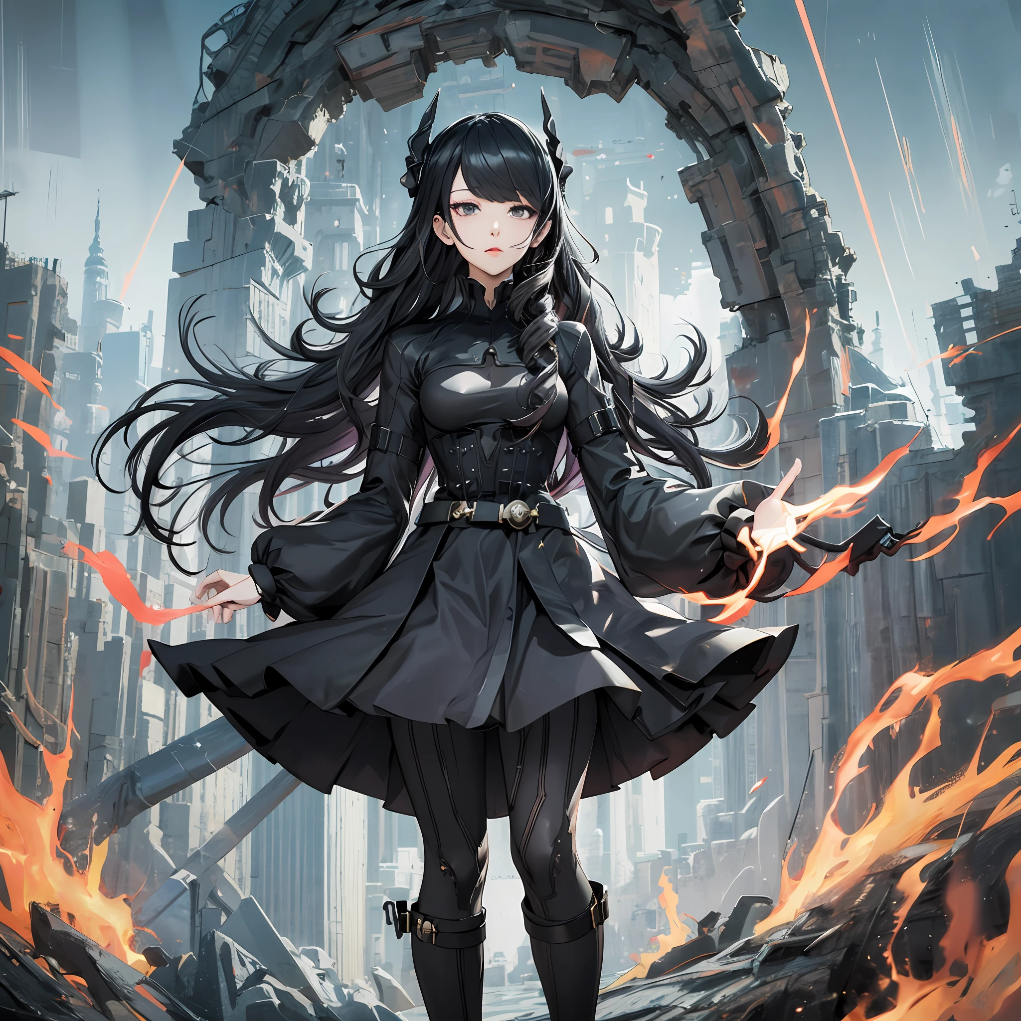 masterpiece, best quality, 1woman, adult, female focus, solo, light black hair, long hair, vibrant black eyes, looking at viewer, High quality metal texture, closed mouth, bangs, high collar,(kbxll:0.6), Fantasy aesthetics, Highly detailed, shadowverse style, full body, black attire