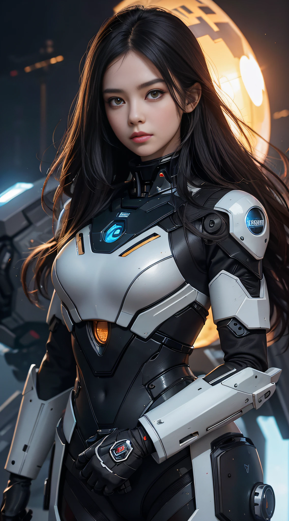 A girl looking at the viewer, front, goose egg face, long black hair, mecha, futuristic, 8k HD picture, more details, solid color background, (upper body: 1.5), brown eyes, light makeup, real, 3d rendering,