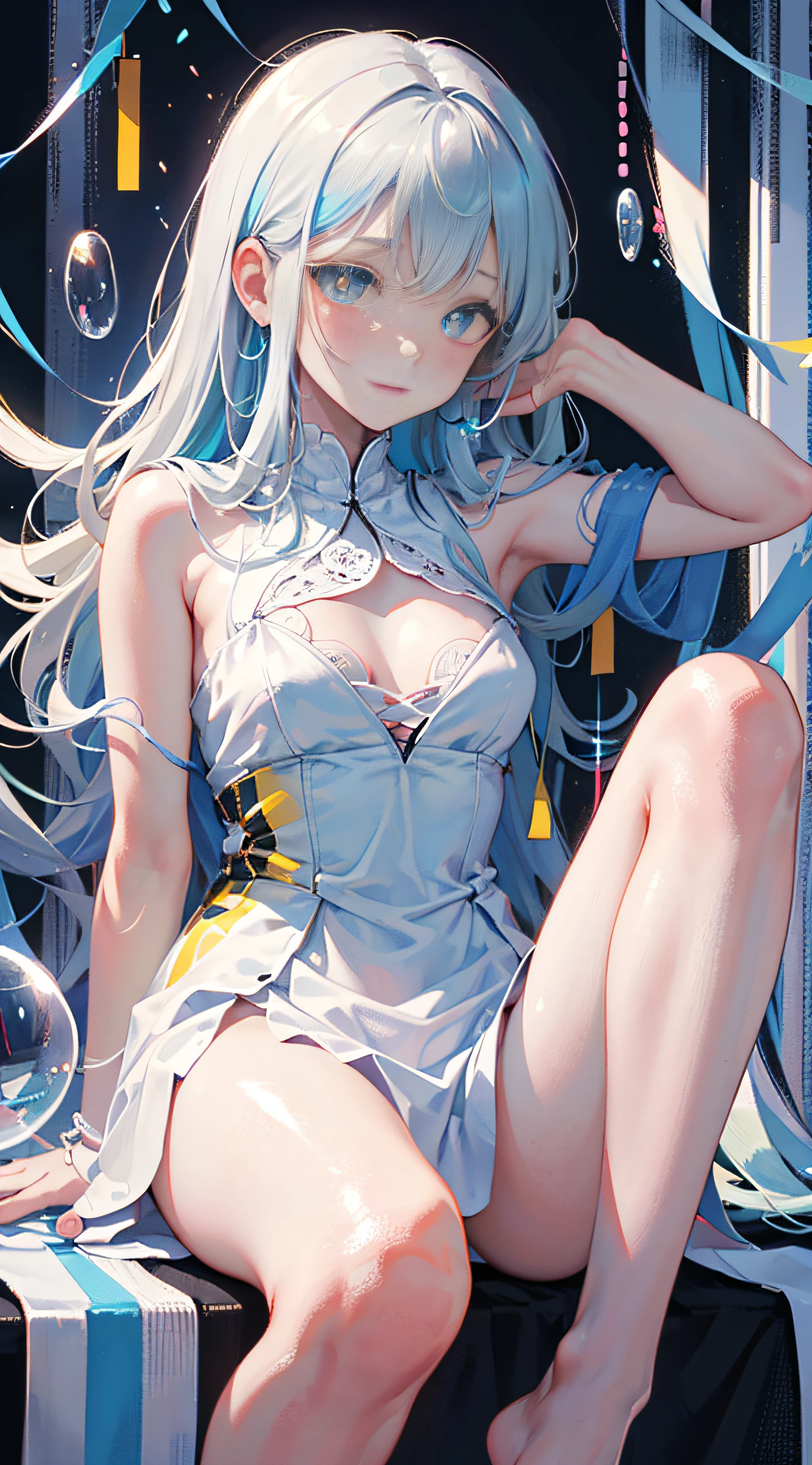 （master masterpiece，best best quality：1.2），（super meticulous），（illustartion），Ultra-high resolution，The face is super delicate，The eyes are delicate，blue pupils，Finger Detail，desktop wallpaper，sitting，looking at the viewers，Dynamic poses，Postural stretching，Original，1girl，Disheveled gray hair，thin straps，White dress，bare leg，bare feet，Bare arms，total body，（Surrounded by colorful splashes and dots），Colored bubbles，（Shiny），Simple background