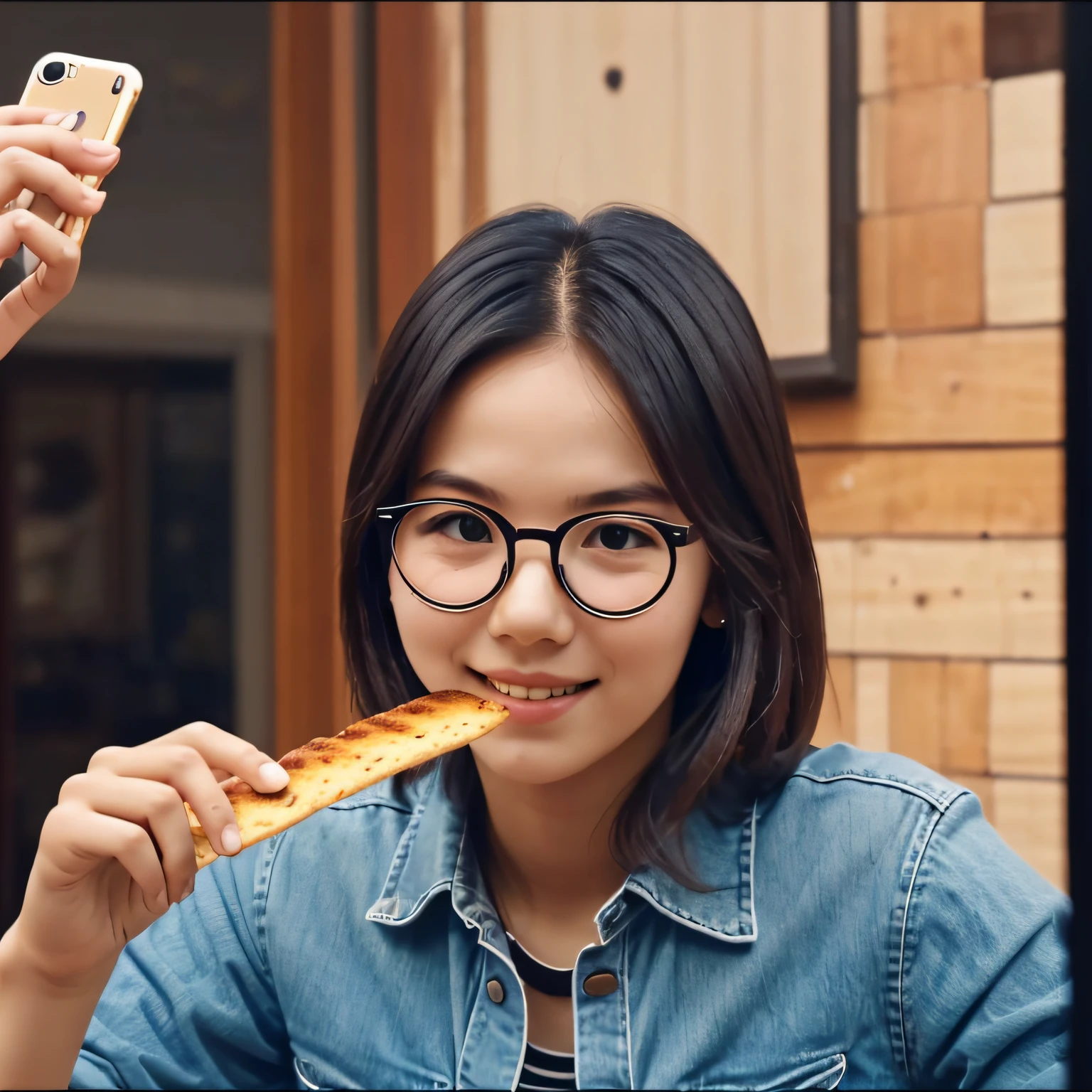 night，There was a girl，Wearing round glasses，One hand with bread to eat，One hand holding the phone to swipe the video --auto