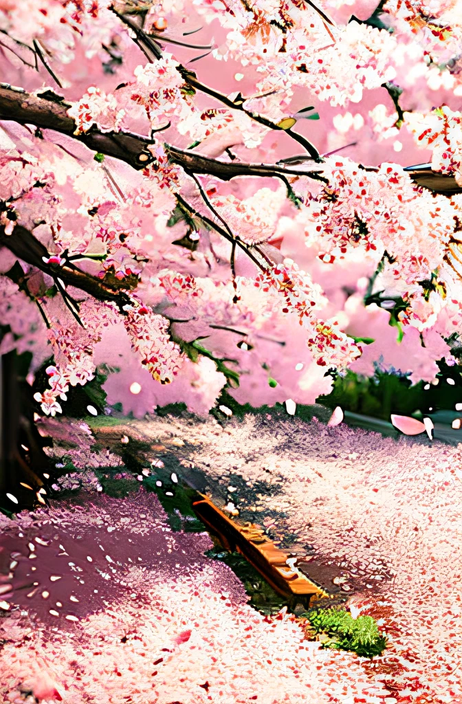 there is a man sitting on a bench under a tree, sakura blooming on background, sakura tree in background, cherry blossom falling, under sakura tree, falling cherry blossoms pedals, lots of sakura flowers, sakura flower, Cherry Blossoms, cherry blossoms in the wind, blossom sakura, cherry blossom rain everywhere, cherry blossom petals, flowing sakura silk, falling cherry blossom pedals