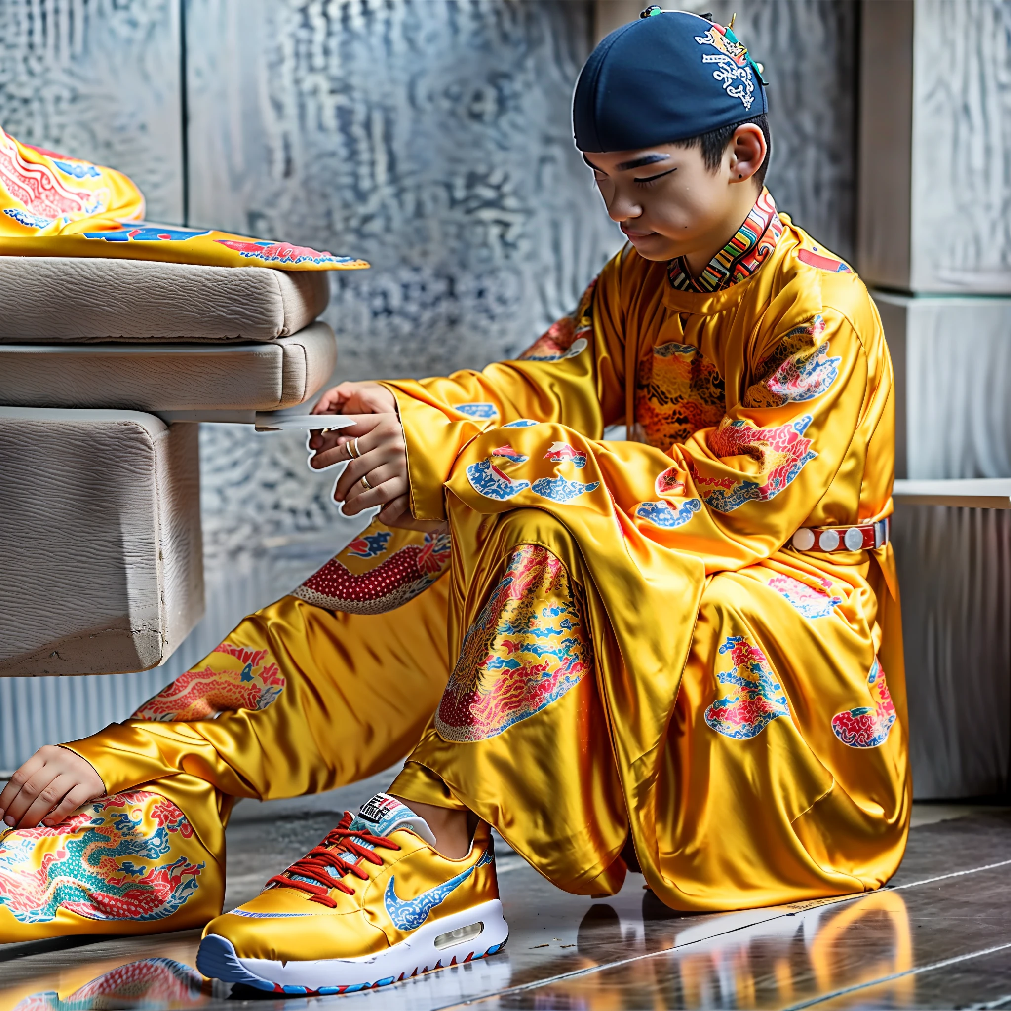 high school student，boys，Wearing a yellow dragon silk dress，Wear Nike sneakers on your feet，Rings are worn on the fingers，Sit in the classroom