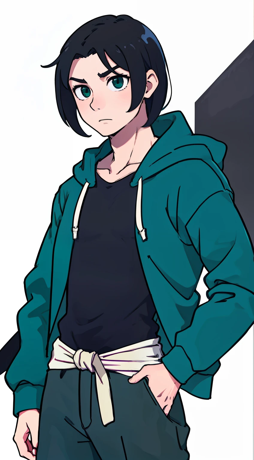 (best-quality:0.8), solo, broken introspective perfect anime illustration, college student male with long black hair wearing dark green hoodie, muscular, masculine, male, boy, plain jacket, simple colors, white background, waist-up shot, half body shot, high resolution, no props, neutral pose, front view, normal pose, mature face
