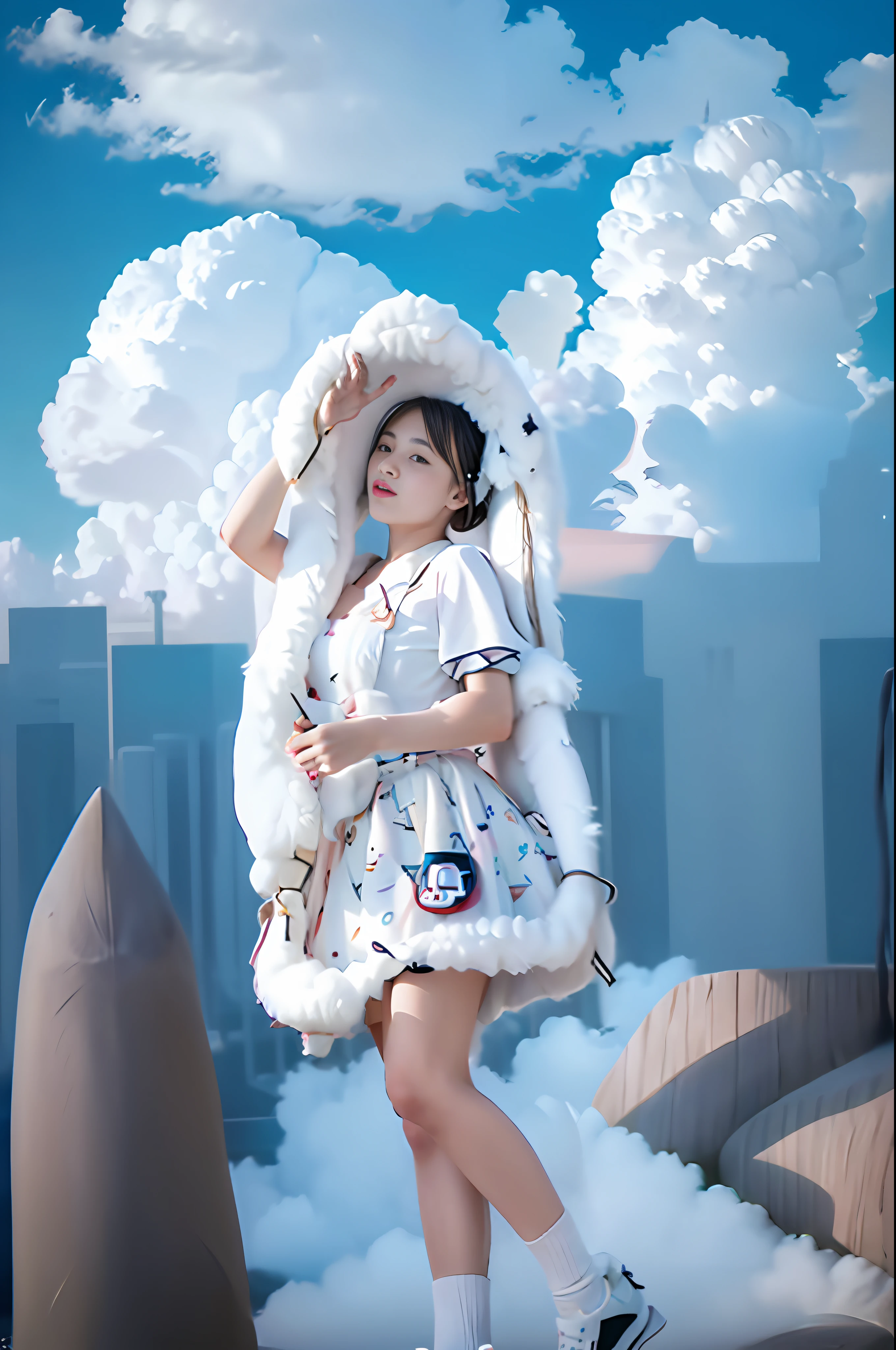 there is a girl that is standing on a skateboard in the air, girl clouds, portrait of magical lolita girl, in the white clouds fairyland, in white clouds fairyland, lie on white clouds fairyland, sitting in a fluffy cloud, angelic pretty, lolita style, summer sky, portrait of radical lolita girl, in clouds, on clouds, cloud goddess,8k画质,Detailed depiction of hands
