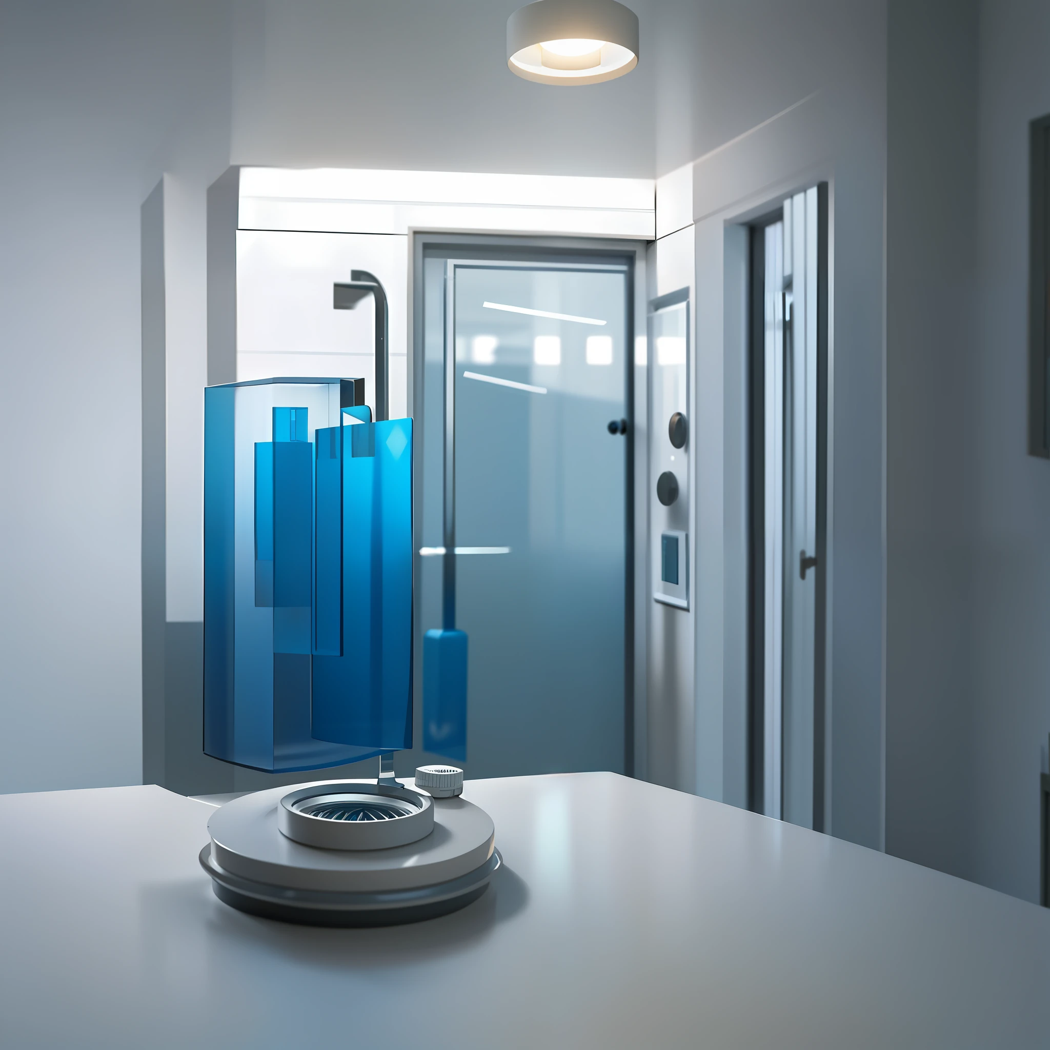 prison,prison cell,shopping,Axisymmetric,Skeuomorphism,Best qualities, minimalist,8k,BLENDER,OCTANE RENDER,C4D, Clear glass texture,The blue、green,Frosted glass,Transparent sense of technology,industrial design,WHITE BACKGROUND,lamplight