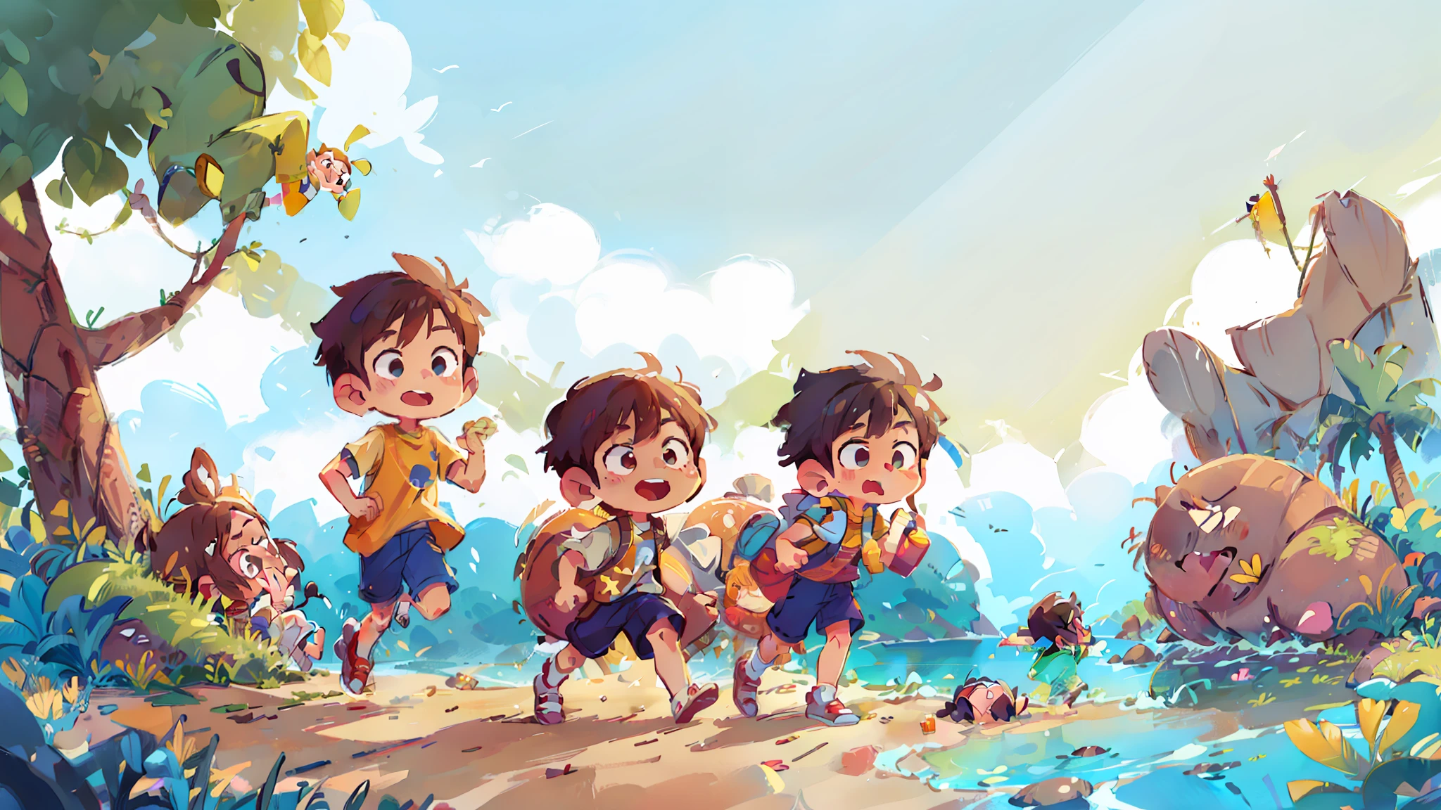 Two handsome boys sunny positive energy boys, an Asian boy, a European boy, chibi proportions, stylish shoes, full body, seaside running and jumping action, background with sun, sand, sea, blender, candy color, fashion trend, super details