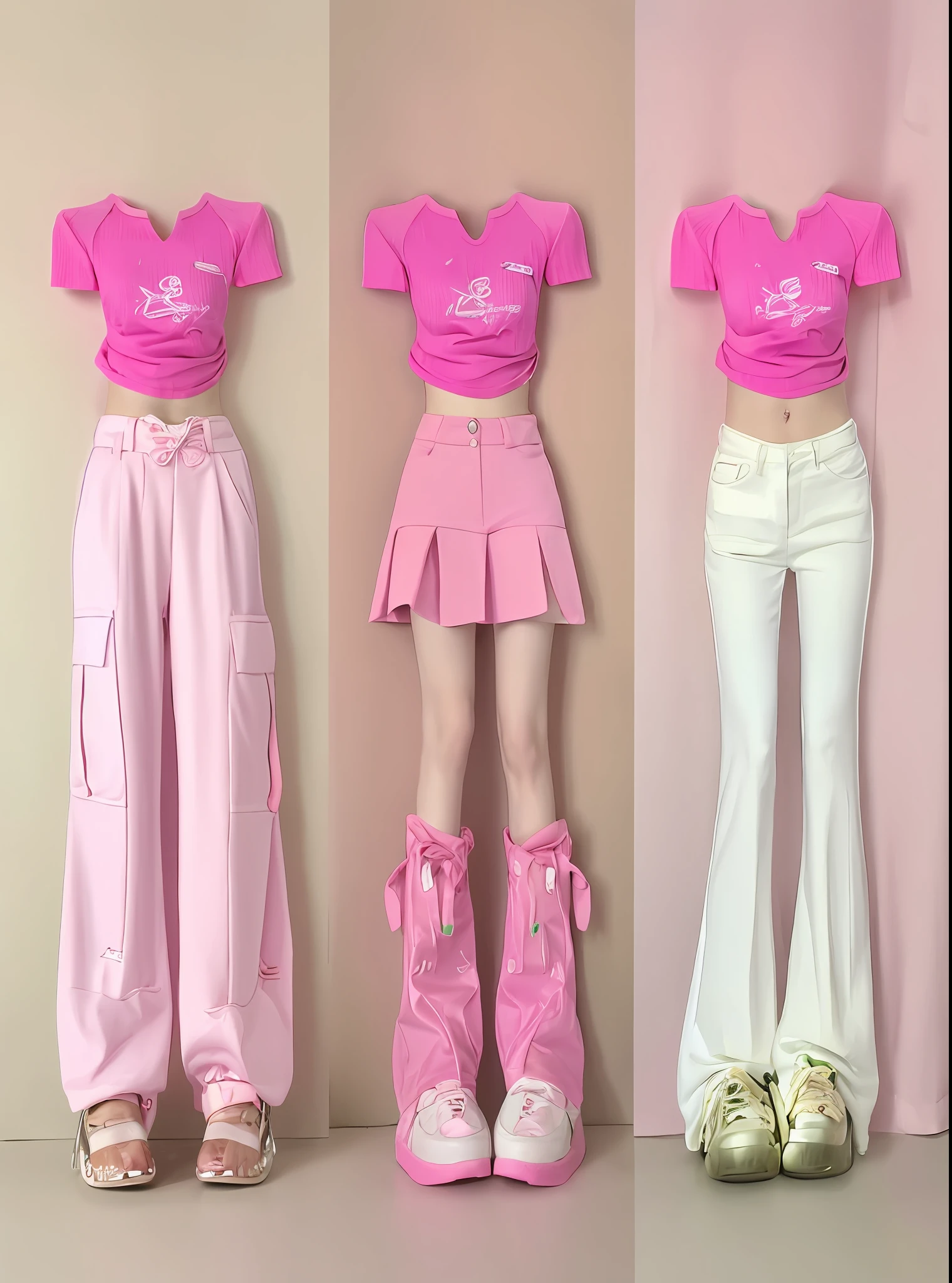 three different views of a woman in pink pants and a white top, pink clothes, ((pink)), y 2 k aesthetic, y2k aesthetic, y 2 k fashion, y2k style, 🎀 🧟 🍓 🧚, y 2 k style, some pink, realistic costumes, (pink colors), very aesthetic!!!!!!, pink pastel