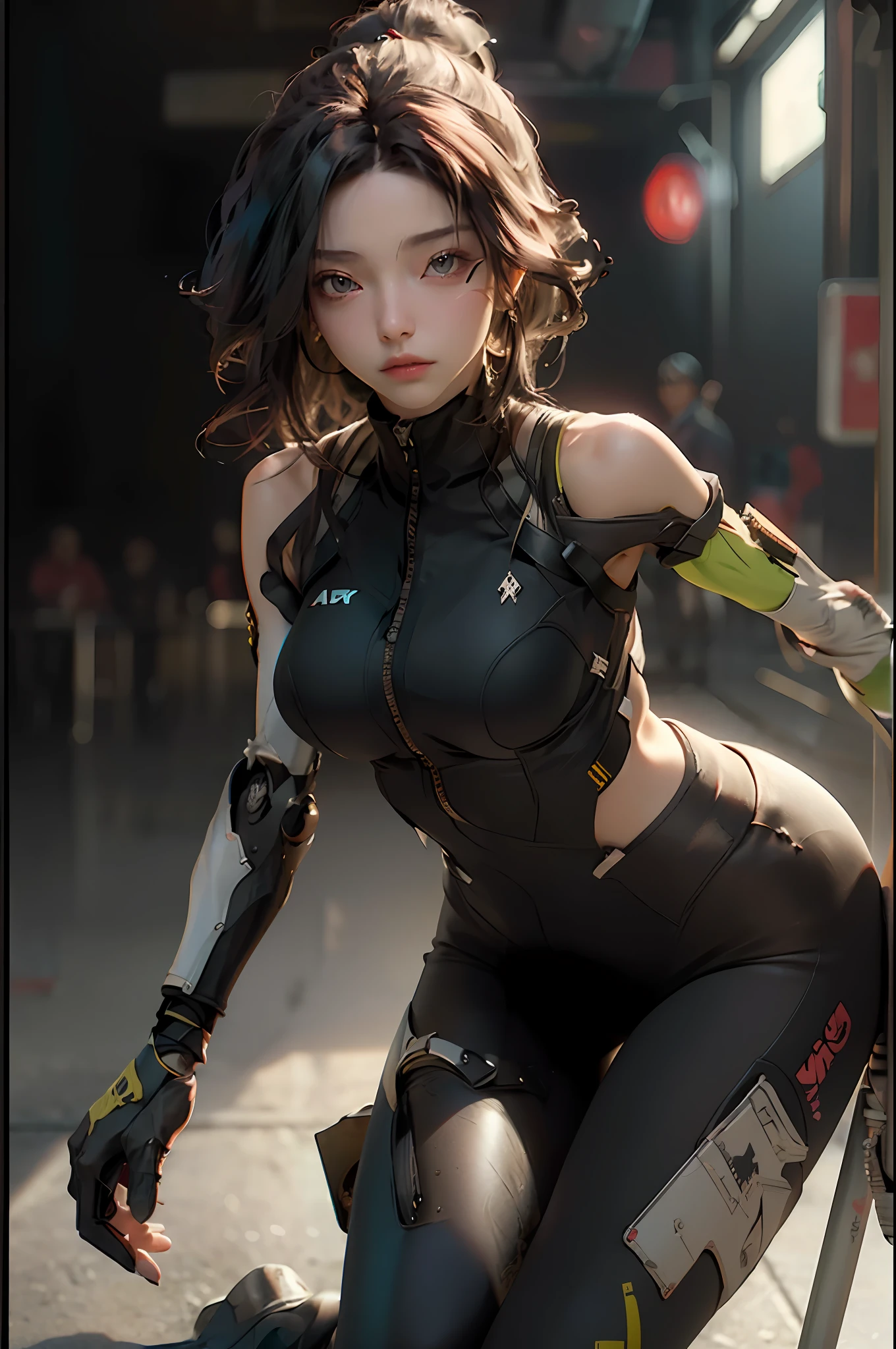 (Best Quality), ((Masterpiece)), (Detail: 1.4), 3D, (A Beautiful Cyberpunk Style Female Image: 1.5), ((Sexy Mature Woman)), (Multiple Poses), HDR (High Dynamic Range), Ray Tracing, NVIDIA RTX, Super-Resolution, Unreal 5, Subsurface Scattering, PBR Texture, Post-processing, Anisotropic Filtering, Depth of Field, Maximum Sharpness and Clarity, Multi-layered textures, albedo and highlight maps, surface shading, precise simulation of light-material interactions, perfect proportions, perfect figure, Octane Render, two-color light, large aperture, low ISO, white balance, rule of thirds, 8K RAW, big breasts, long black hair, delicate facial features, black mixed yoga pants mecha style, yellow graffiti background