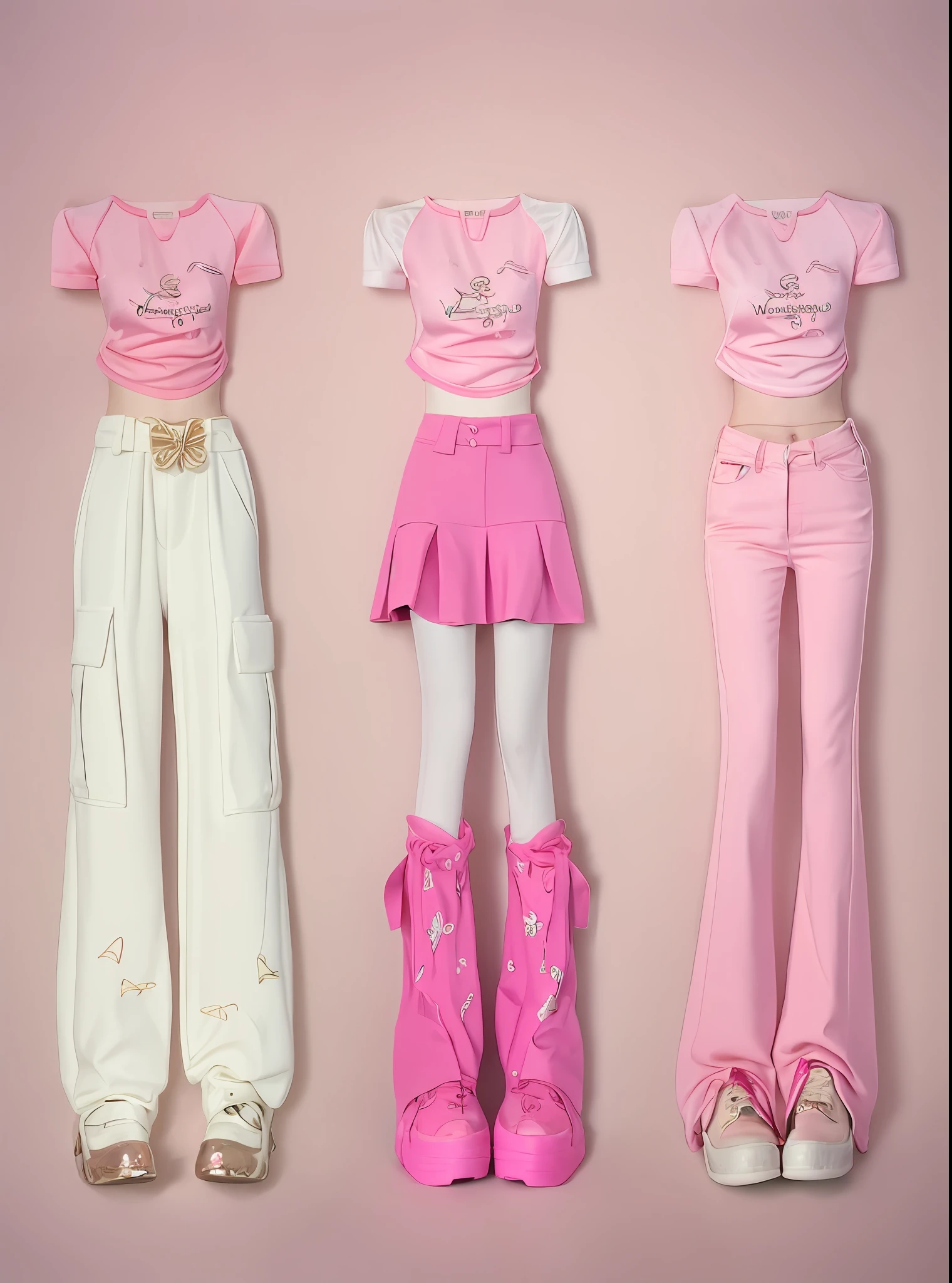 three different views of a woman in pink pants and a white top, pink clothes, ((pink)), y 2 k aesthetic, y2k aesthetic, y 2 k fashion, y2k style, 🎀 🧟 🍓 🧚, y 2 k style, some pink, realistic costumes, (pink colors), very aesthetic!!!!!!, pink pastel