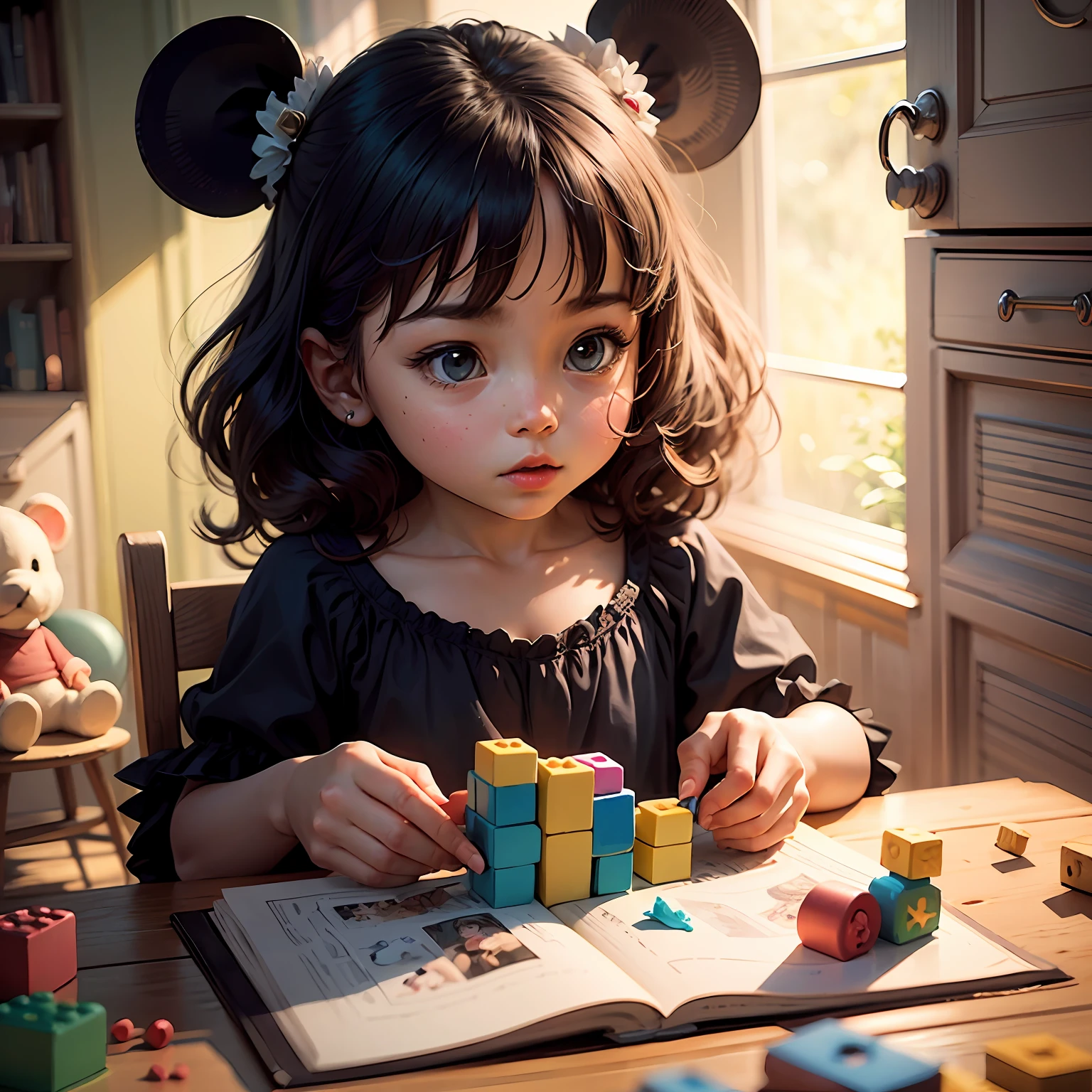 A very curious and creative little princess. She loves playing with building blocks, a storybook illustration, arte renderizada, storybook illustration, arte conceitual disney --auto