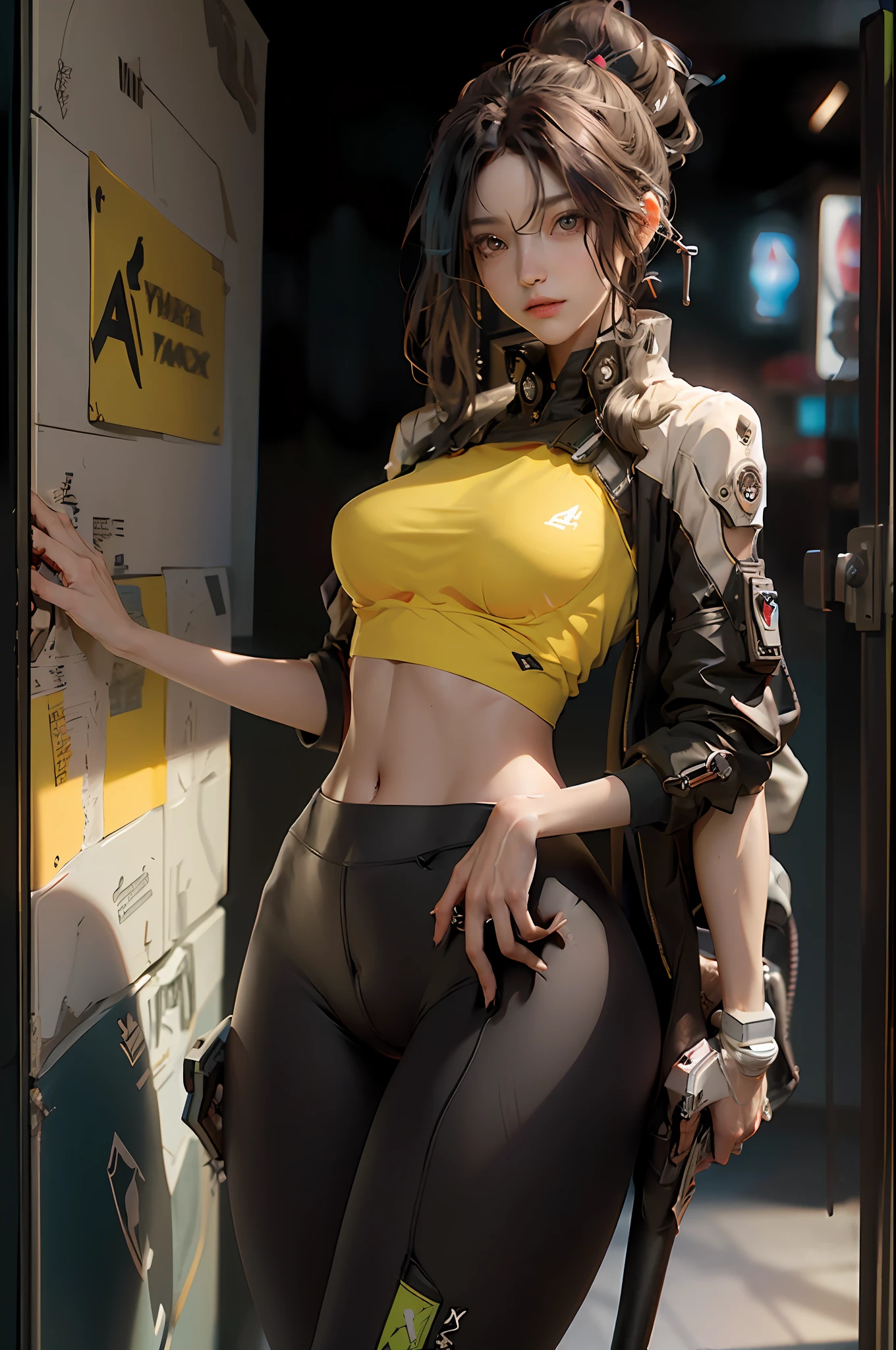 (Best Quality), ((Masterpiece)), (Detail: 1.4), 3D, (A Beautiful Cyberpunk Style Female Image: 1.5), ((Sexy Mature Woman)), (Multiple Poses), HDR (High Dynamic Range), Ray Tracing, NVIDIA RTX, Super-Resolution, Unreal 5, Subsurface Scattering, PBR Texture, Post-processing, Anisotropic Filtering, Depth of Field, Maximum Sharpness and Clarity, Multi-layered textures, albedo and highlight maps, surface shading, precise simulation of light-material interactions, perfect proportions, perfect figure, Octane Render, two-color light, large aperture, low ISO, white balance, rule of thirds, 8K RAW, big breasts, long black hair, delicate facial features, black mixed yoga pants mecha style, yellow graffiti background