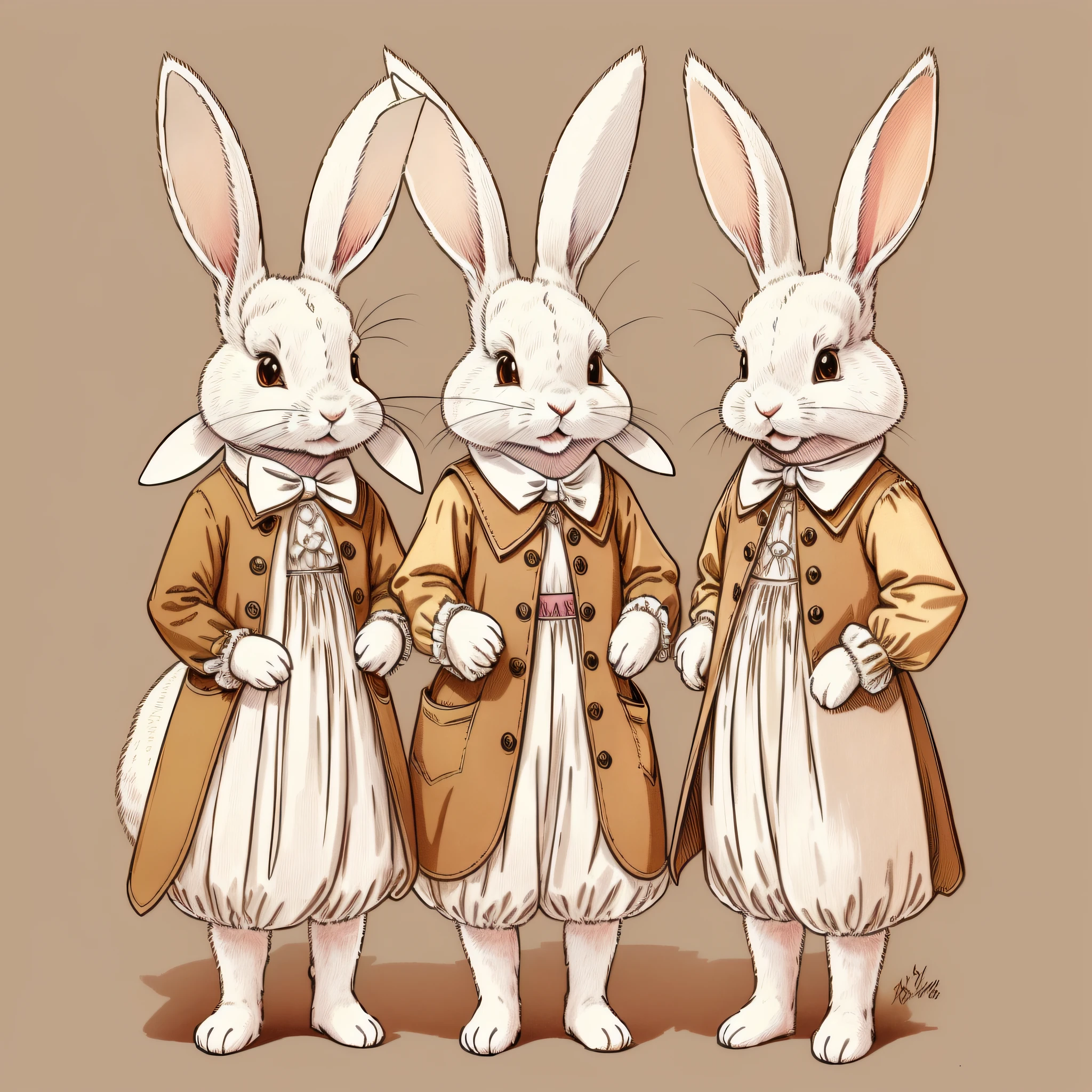 Multiple poses and expressions, children's picture book pictures, clothed rabbit, white rabbit, bipedal, ((anthropomorphic of rabbit)), three-headed, cute, two rabbit ears, color illustrations, setting materials, colorful colors, deformed rabbits, 18th century French clothes,