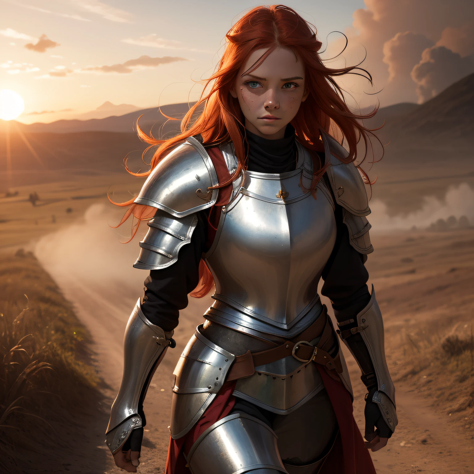 (masterpiece), (best quality), (ultra detail), (1girl), A muscular red haired female knight with green eyes and freckles walks across a smokey battlefield, long hair, windblown, dirt on face, exhausted, victorious, 25 year old woman, dented armor, bastard sword, sunrise, medieval, fantasy, outside