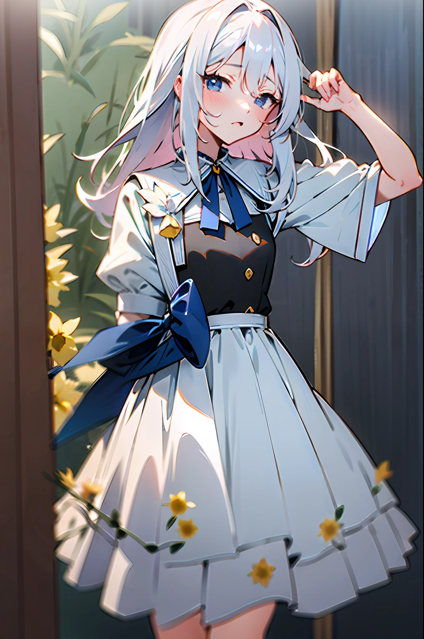 anime white hair shoujo royal sister upper body masterpiece indifference dress daffodil