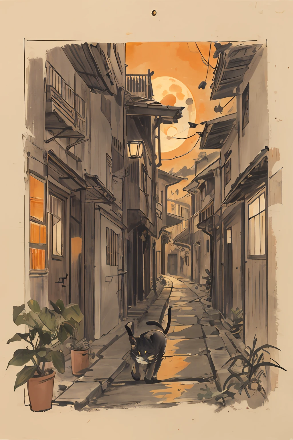 cat, orange, cute, big eyes, masterpiece, full moon, alley