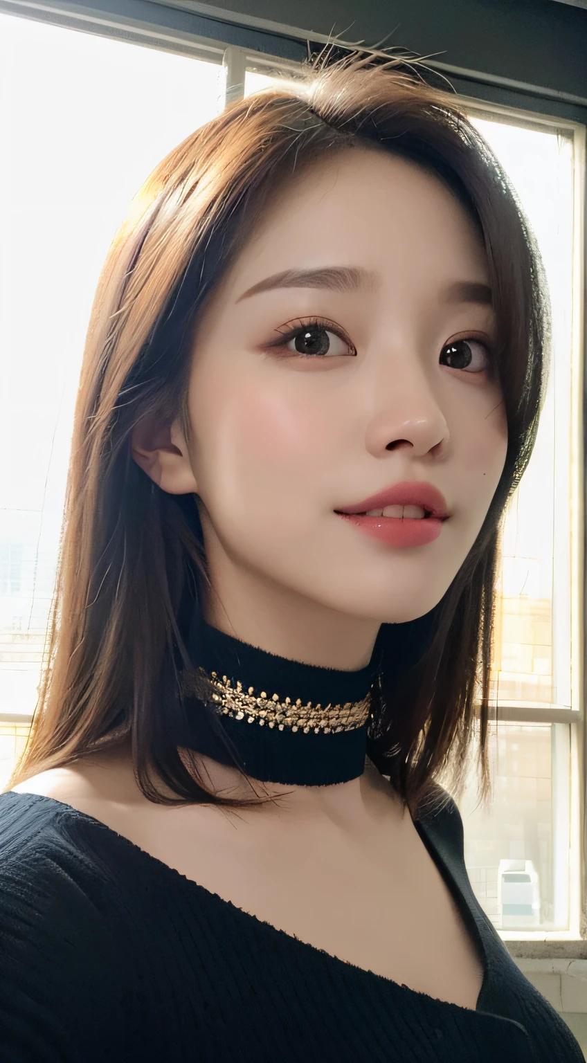 ((During the Day, Realistic lighting, best best quality, 8k, master masterpiece:1.3)), 1girl, Beautiful woman with a slim figure:1.4, (brownhair,), Long black sweater:1.1,super detailed face,delicated eyes,double eyelidwork,Sorrisos,Choker
