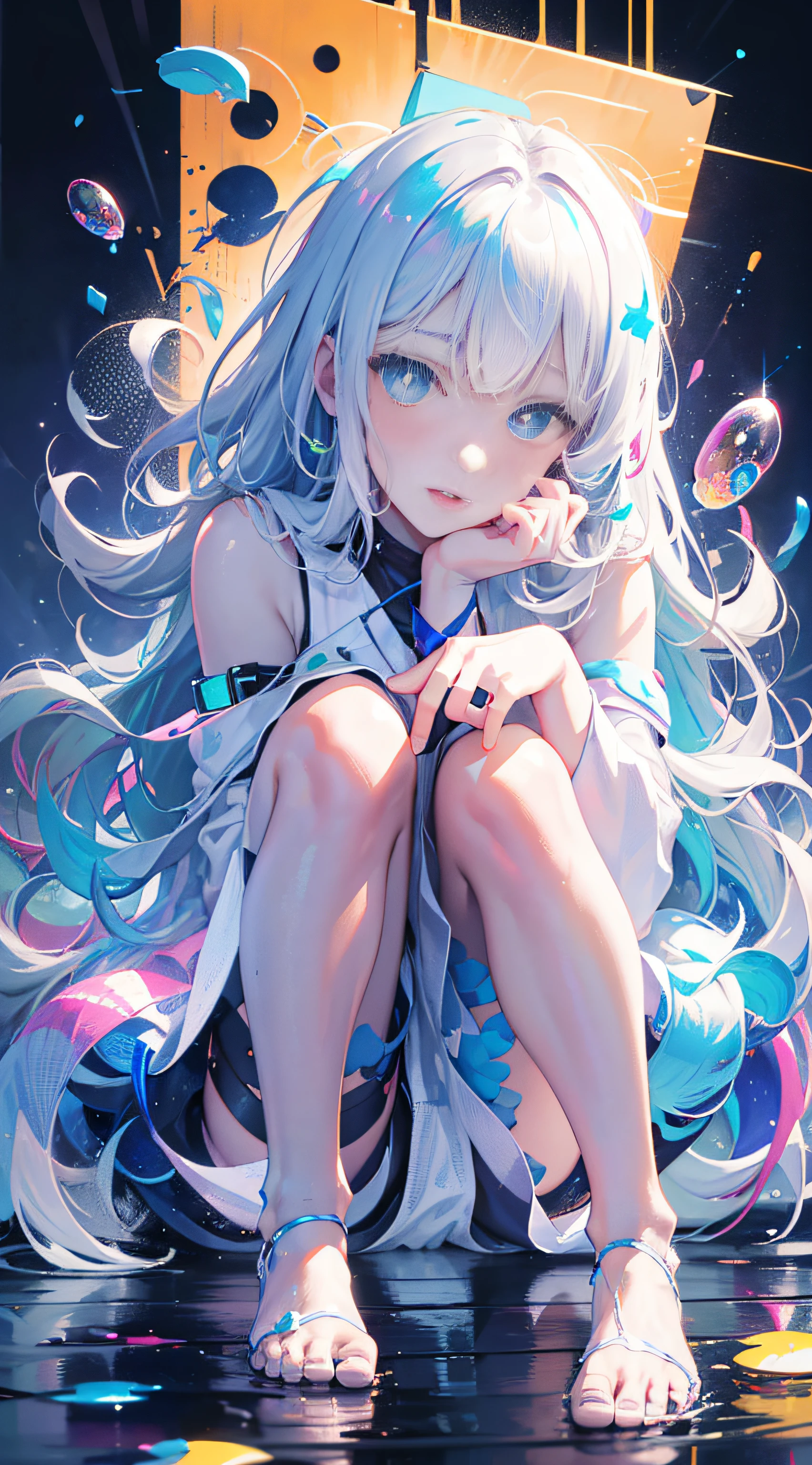 (master masterpiece,best best quality:1.2),(super meticulous),(illustartion),Ultra-great resolution,The face is super delicate,The eyes are delicate,Focused eyes,deep feeling,blue pupils,Finger Detail,Glowing skin,Ceramic-like skin,redlips,sitting,looking at the viewers,Dynamic poses,Original,,1girl,Disheveled gray hair,thin straps,White dress,bare leg,bare feet,Bare arms,total body,(Surrounded by colorful splashes and dots),Colored bubbles,(Shiny),with a simple background,White gradient background,