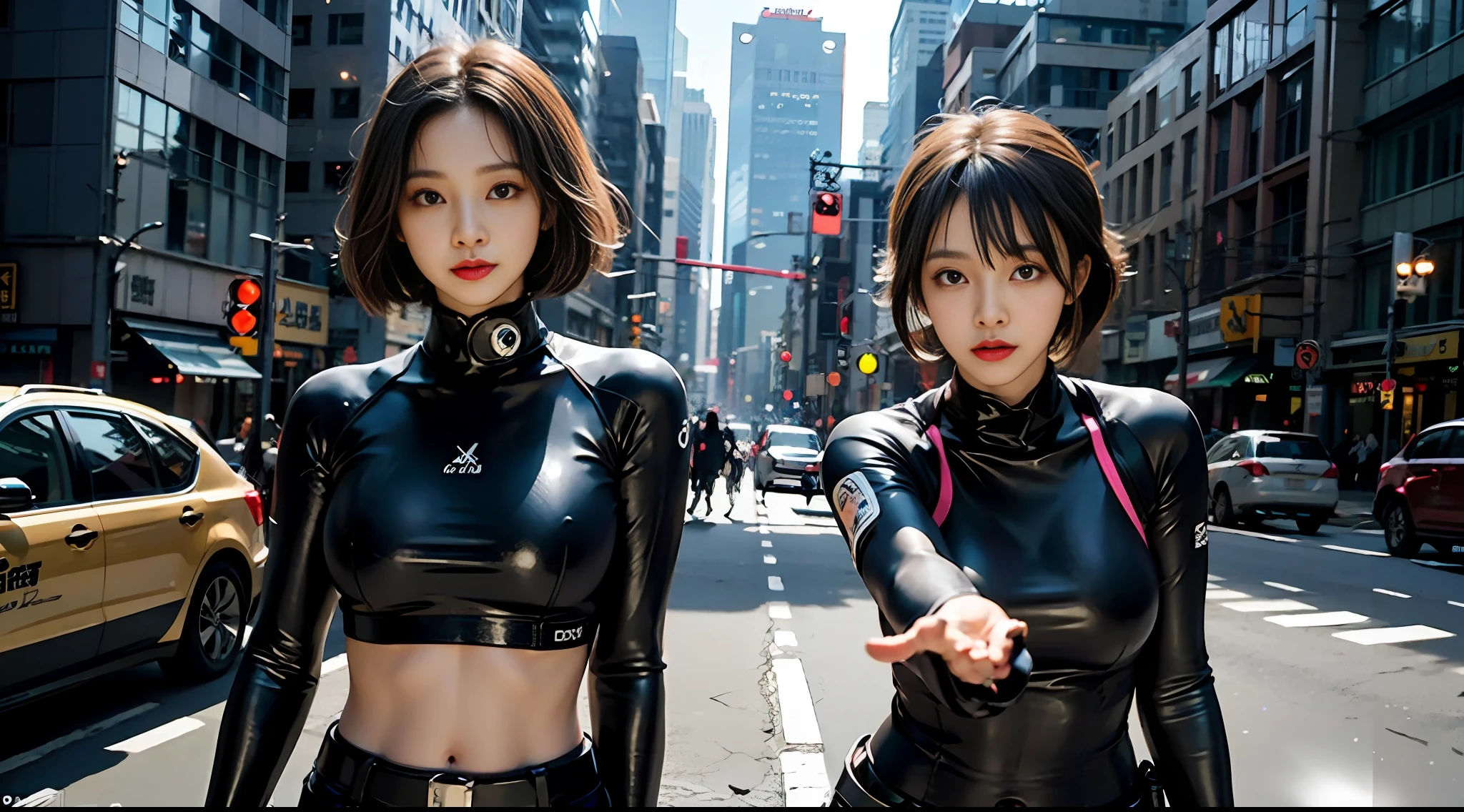 (8k, RAW photo, best quality, mastery:1.2), (realistic, photo-realistic:1.37),(Kpop idol), (aegyo sal:1),cute,professional lighting, photon mapping, radiosity, physically-based rendering , cosplay, lucy \(cyberpunk\), bob cut, mechanical parts, grey eyes, black tight suit, cyberpunk city, black pants, night, neon lights, sexy, smoke, looking at viewer,, 8k 高分辨率, 8k, CG壁纸, 现实, 清晰的背景, 中等乳房, 全身