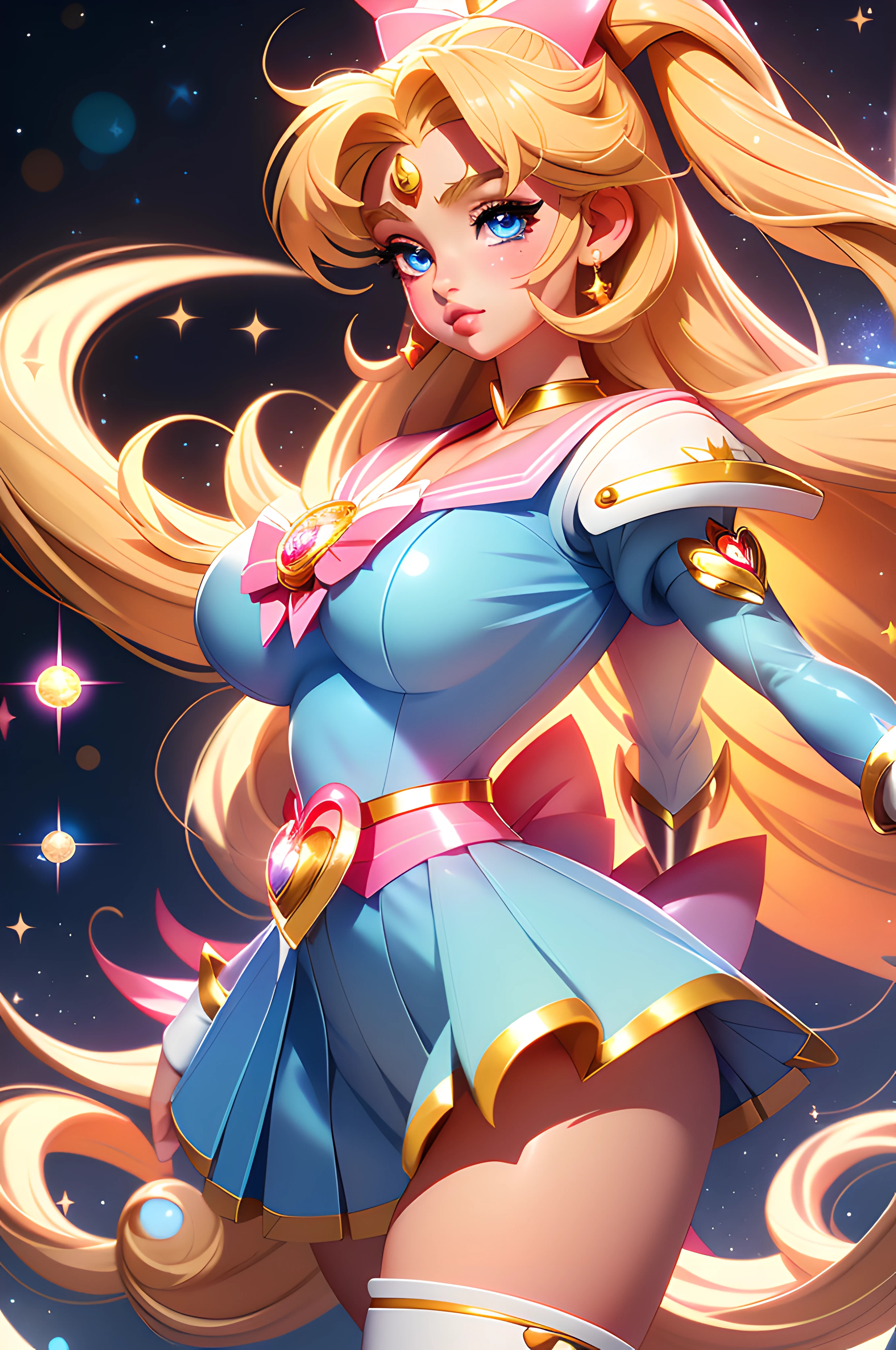 sailor moon, realistic, 1girl, (magical girl:1.4), long blonde hair, (blue eyes), (crystals, shimmer bokeh), sailor scout uniform, (huge breasts:1.25), cleavage, wide hips, small waist, collarbone, parted lips, makeup, blush, shiny skin, night, reflection, full moon, moonlight, rose