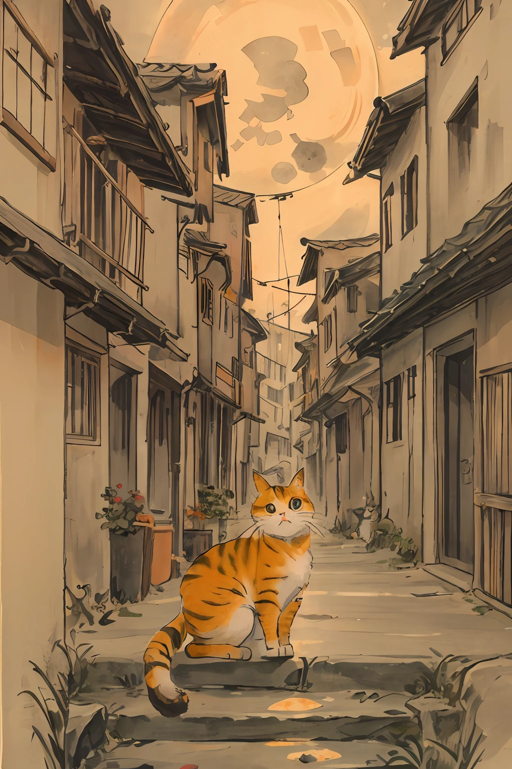 cat, orange, cute, big eyes, masterpiece, full moon, alley