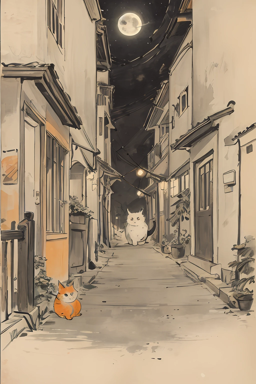 cat, orange, cute, big eyes, masterpiece, full moon, alley