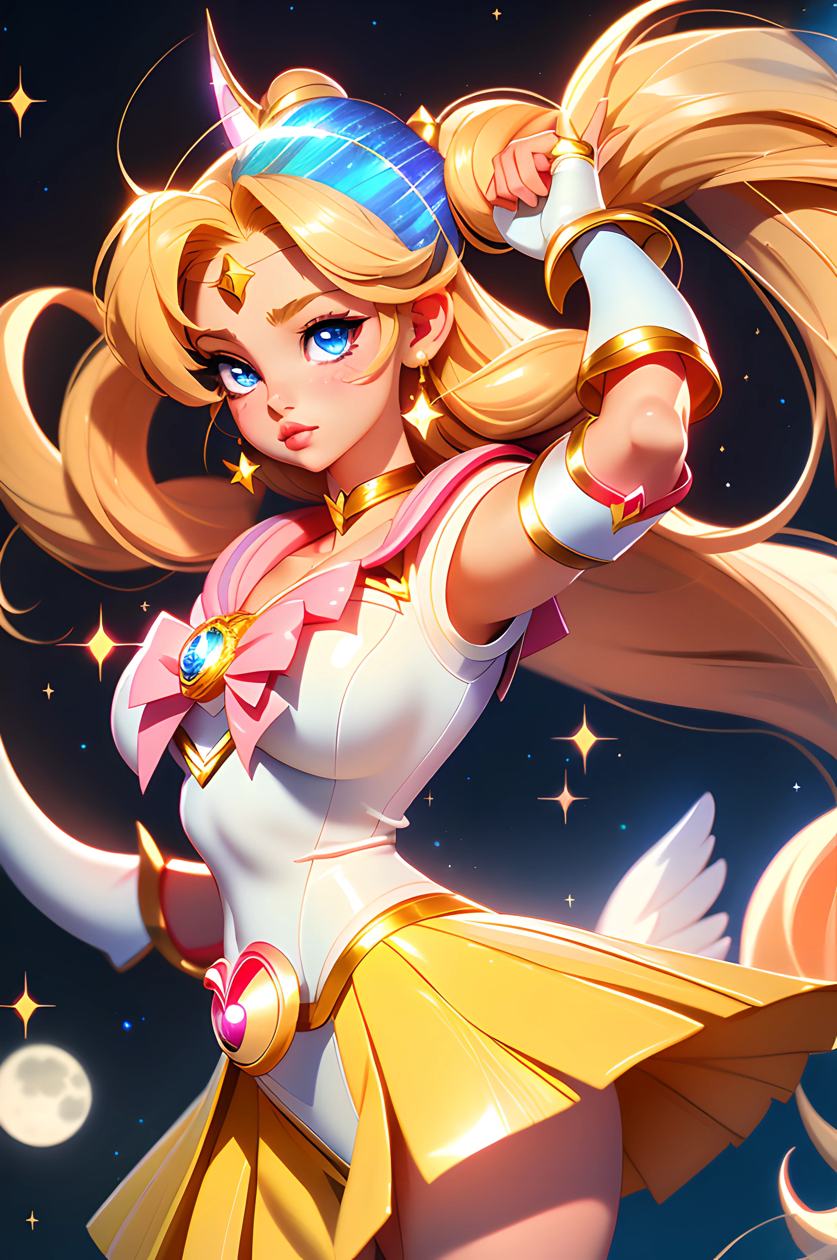 sailor moon, realistic, 1girl, (magical girl:1.4), long blonde hair, (blue eyes), (crystals, shimmer bokeh), sailor scout uniform, (huge breasts:1.25), cleavage, wide hips, small waist, collarbone, parted lips, makeup, blush, shiny skin, night, reflection, full moon, moonlight, rose