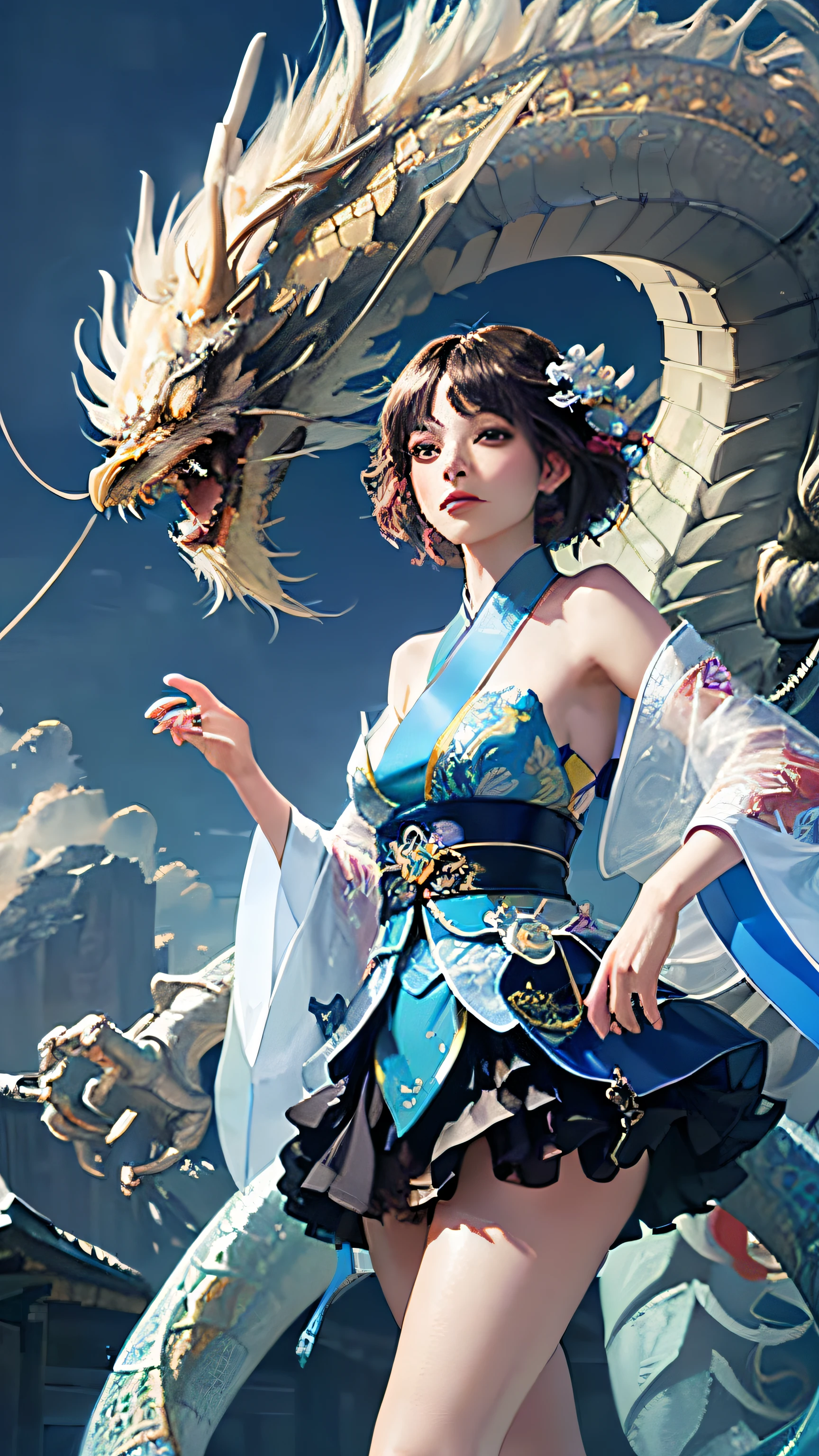 Official Art, Unified 8K Wallpapers, Ultra Detailed, Beautiful and Aesthetic, Masterpiece, Best Quality, (Zentangle, Tangle, Entangle), (fractal art: 1.4), 1girl, black hair, Chinese, bare shoulders, short skirt, calf, navel, very detailed, dynamic angle, cowboyshot, (most beautiful form chaos), flowing, (bright colors), oc, (half: 1.2), china, (thangka flying sky: 1.5), (ribbon: 1.3), (dream: 1.5), (hanfu: 1.5), Chinese dragon, Chinese phoenix, (smile: 0.5), (Chinese deity),