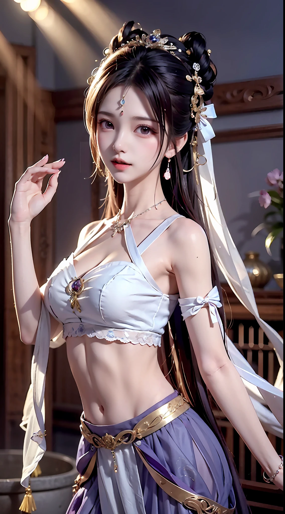 Bust photo, a beautiful woman, messy hair, girly, symmetrical bun, hair accessories, jewelry, delicate face, eye shadow, purple top, purple, purple, crop navel, purple long skirt, Dunhuang style, delicate embroidery, silver decoration, silver streamer, white streamer, light blue streamer, delicate skin, soft light effect, delicate and smooth hair, delicate details, eye highlights, fair skin, fine portrayal, extreme details, cinematic quality, thin, slender, broken, hair details, thin bangs, shawl hair, right body, shadow, air bangs, 8K, super fine, fine fabric texture, soft, smooth, smooth texture, Dunhuang style, delicate pattern, correct hand painting, anatomy correct, accurate, night, dark night, lighting, Tyndall effect, ray tracing, HUD,