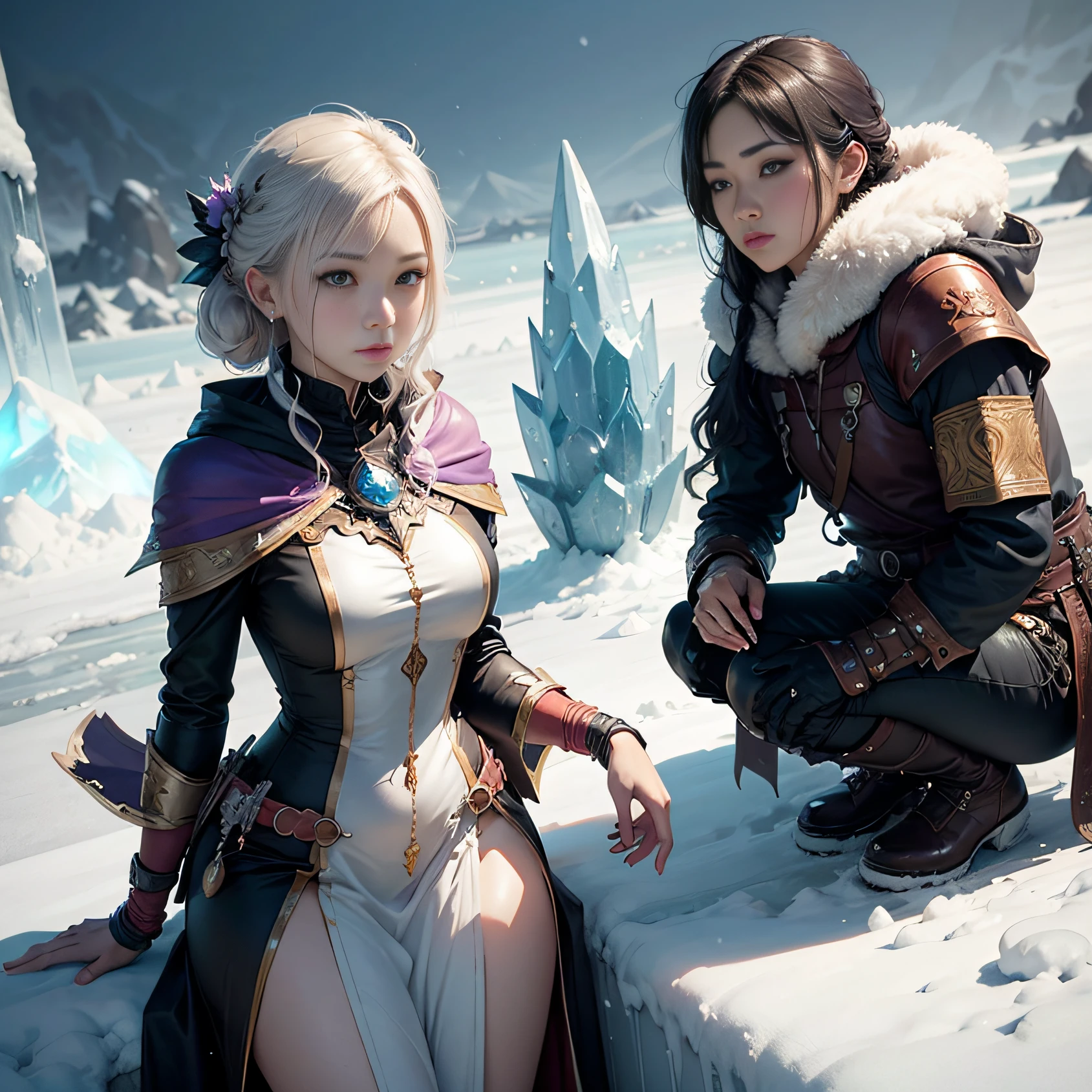 ANIME, - style women in costumes sitting on a wall in the snow, wlop and sakimichan, wlop and ross tran, ross tran and bayard wu, artwork in the style of guweiz, ruan jia and artgerm, 2. 5 d cgi ANIME, fantasy artwork, artgerm and ruan jia