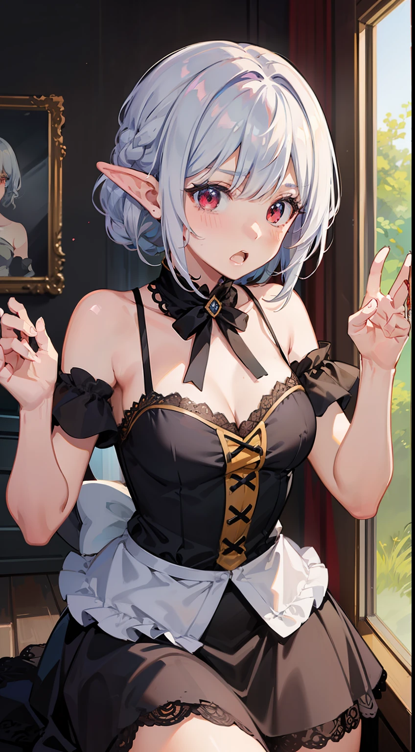 ((Put your hands on your chest)), ((Surprised)), (Red Face), 1女の子の接写, elvish, silver hair,, Red eyes, Braided hair, bob cuts, Fantasy style costumes, The dress, Camisole, Long Skirt, Puffy skirt, ruffles, inside room, Mirror, Gender Change, Concept art, beautiful anime scene, beautiful anime scenery, The Highest Quality, master masterpiece, 4K