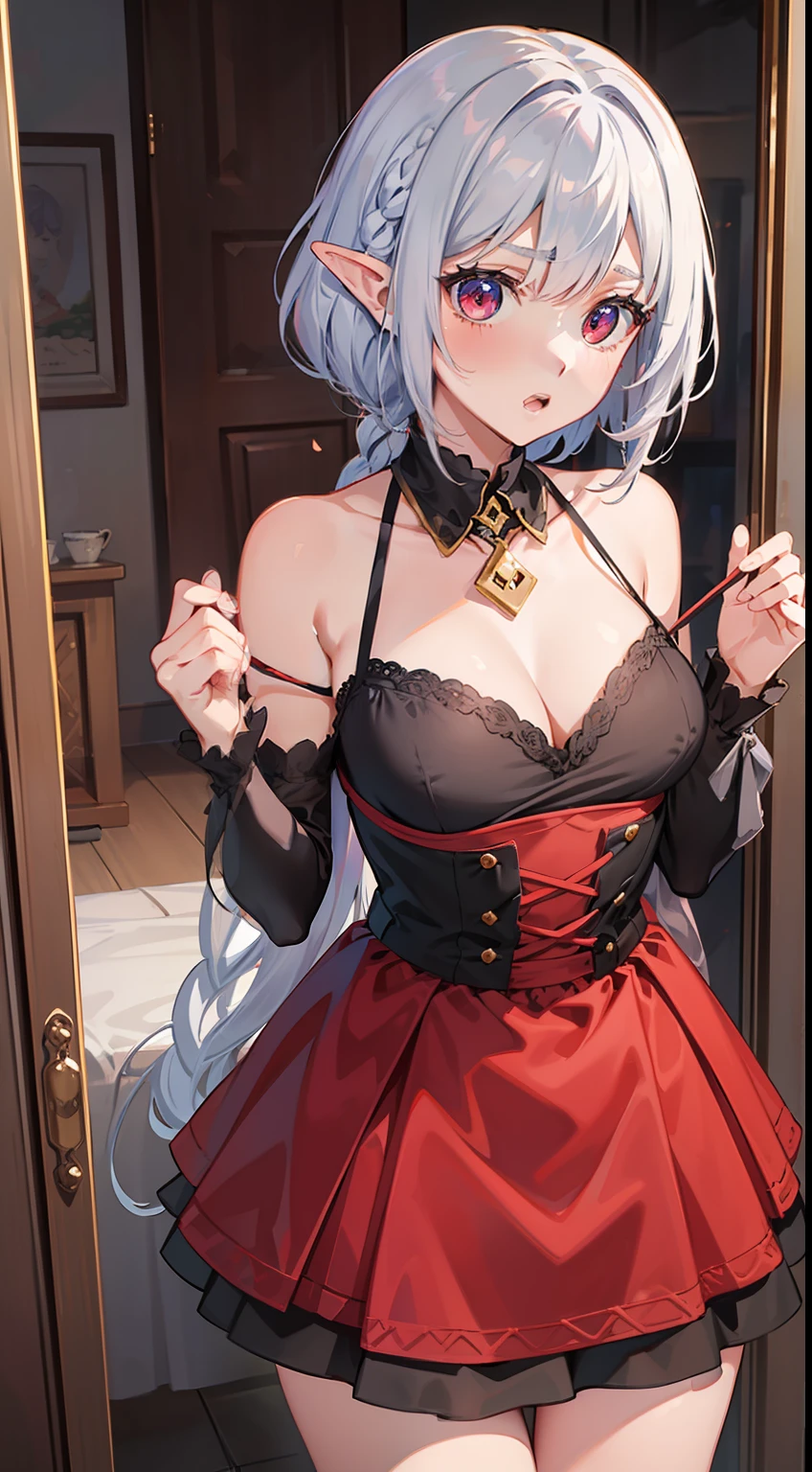 ((Put your hands on your chest)), ((Surprised)), (Red Face), 1女の子の接写, elvish, silver hair,, Red eyes, Braided hair, bob cuts, Fantasy style costumes, The dress, Camisole, Long Skirt, Puffy skirt, ruffles, inside room, Mirror, Gender Change, Concept art, beautiful anime scene, beautiful anime scenery, The Highest Quality, master masterpiece, 4K