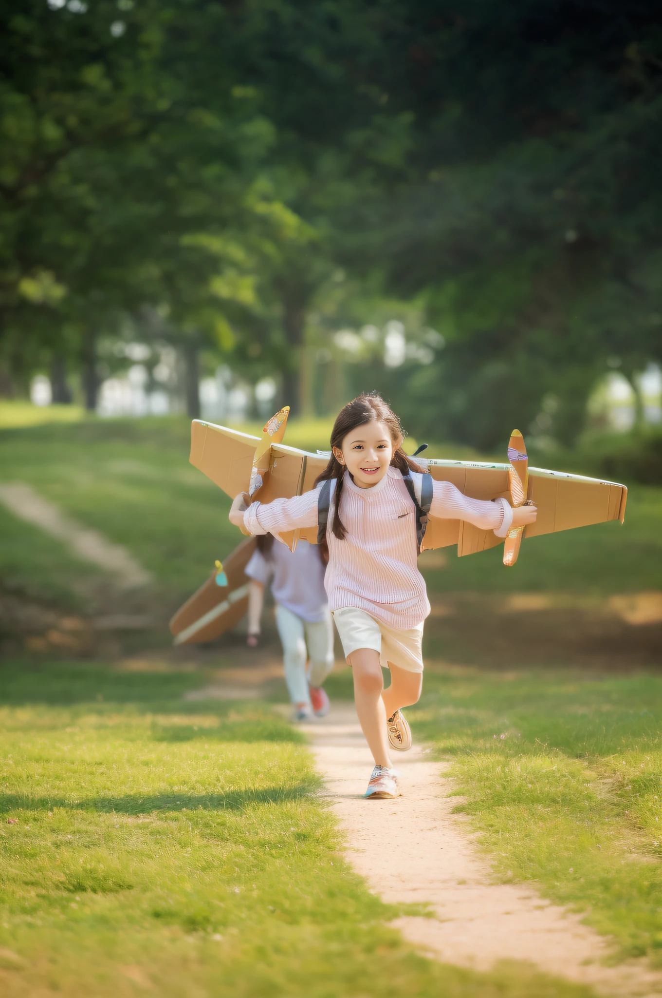 there is a young girl running with a toy airplane on her back,
