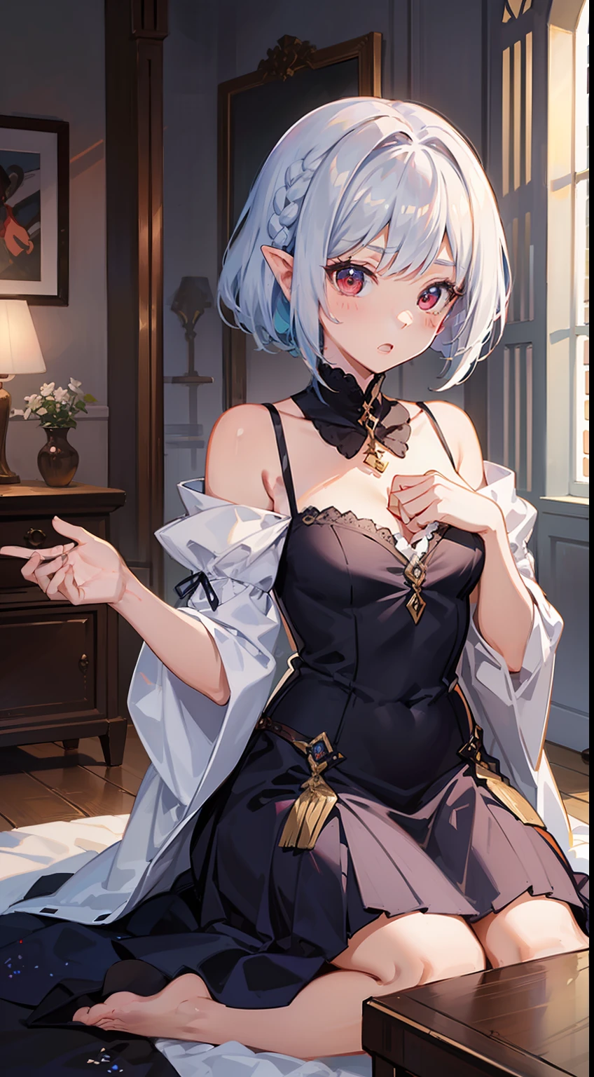 ((Put your hands on your chest)), ((Surprised)), (Red Face), 1女の子の接写, elvish, silver hair,, Red eyes, Braided hair, bob cuts, Fantasy style costumes, The dress, Camisole, Long Skirt, Puffy skirt, ruffles, inside room, Mirror, Gender Change, Concept art, beautiful anime scene, beautiful anime scenery, The Highest Quality, master masterpiece, 4K