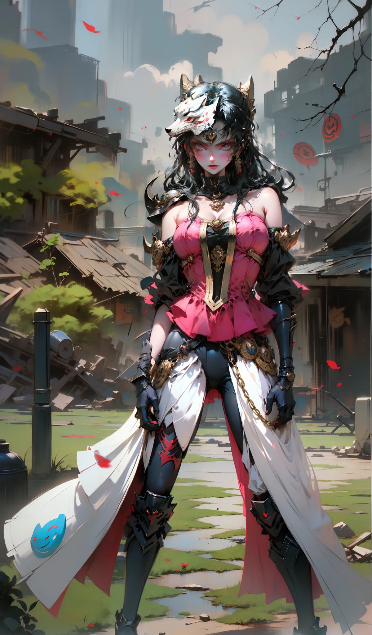 Goth,, , Armadura oriental,4k, cabelos negros com pontas vermelha, Fox mask on top of head
