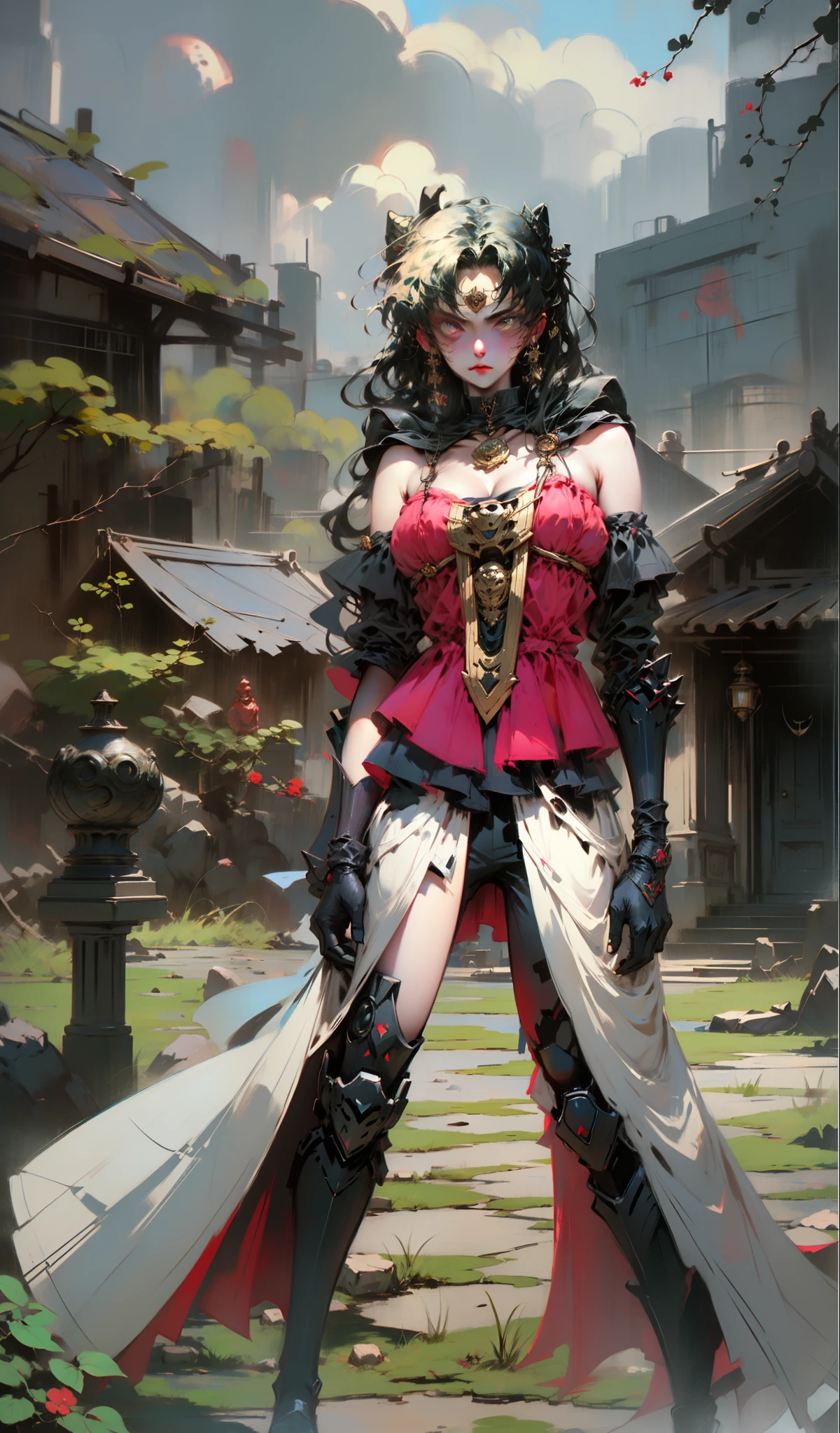 Goth,, menina, Armadura oriental,4k, cabelos negros com pontas vermelha, Fox mask on top of head