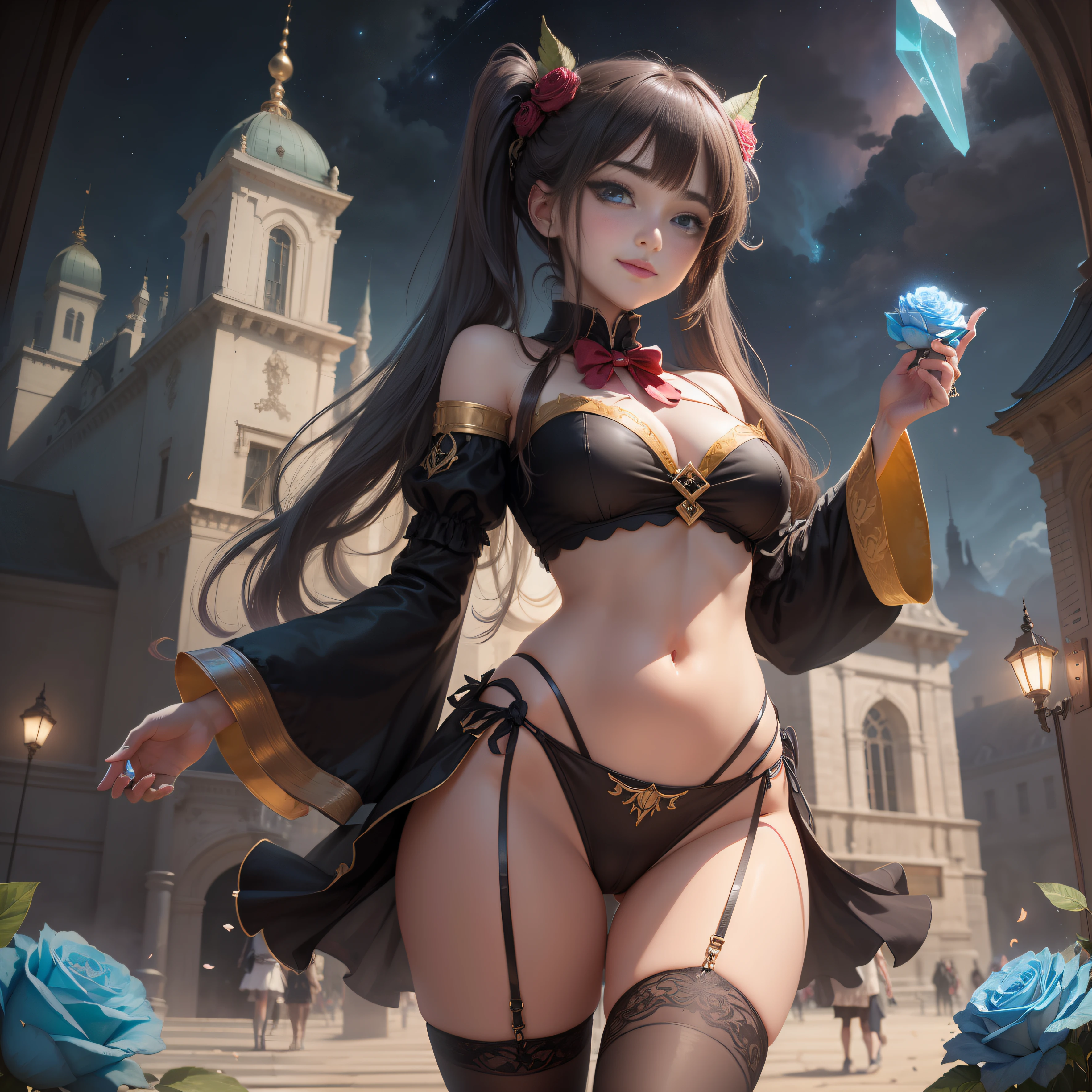 masterpiece, The Highest Quality, {{{masterpiece} }},(face),sparkling anime eyes,happy,Twin tail,star in eyes,slender,yumekawaii,((red eye shadow)),(blacklegwear),devil wing,(pretty faces),((drooping eye)),The Highest Quality, illustration,,{a beautiful detailed girl},beautiful detailed brilliance, (smile),Belly Navel、,{Beautiful Detailed Eyes},Expressionless,{floating palaces},azure hair,disheveled hair,Long Bangs, Belly Navel、,(loli),(pretty faces),hairs between eyes,(longhear),black ribbon,white bowties, (drooping eyes),midriff,big forhead,blank stare,flower,large top sleeves,large breasts,(smile),thighhigh boots, ,,(slender),((thinleg)),masterpiece, The Highest Quality, Absurdres, Highres, illustration, vivid、、、, (background is night starry sky:1.2) (night:1.1),1girl, (spectrum Lights), (translucence:1.3) flower petals (twinkling with light) BREAk (one girl holding offering) (crystallineAI textured:1.3) one (blue rose) with stem around chest, present, (looking viewer), celebration, gratitude, (directly front view:1.15), focus on rose BREAK (solo、、、:1.4), , Blue Eyes,handbags, (sparkling pupils) , A pale-blue long straight hair,