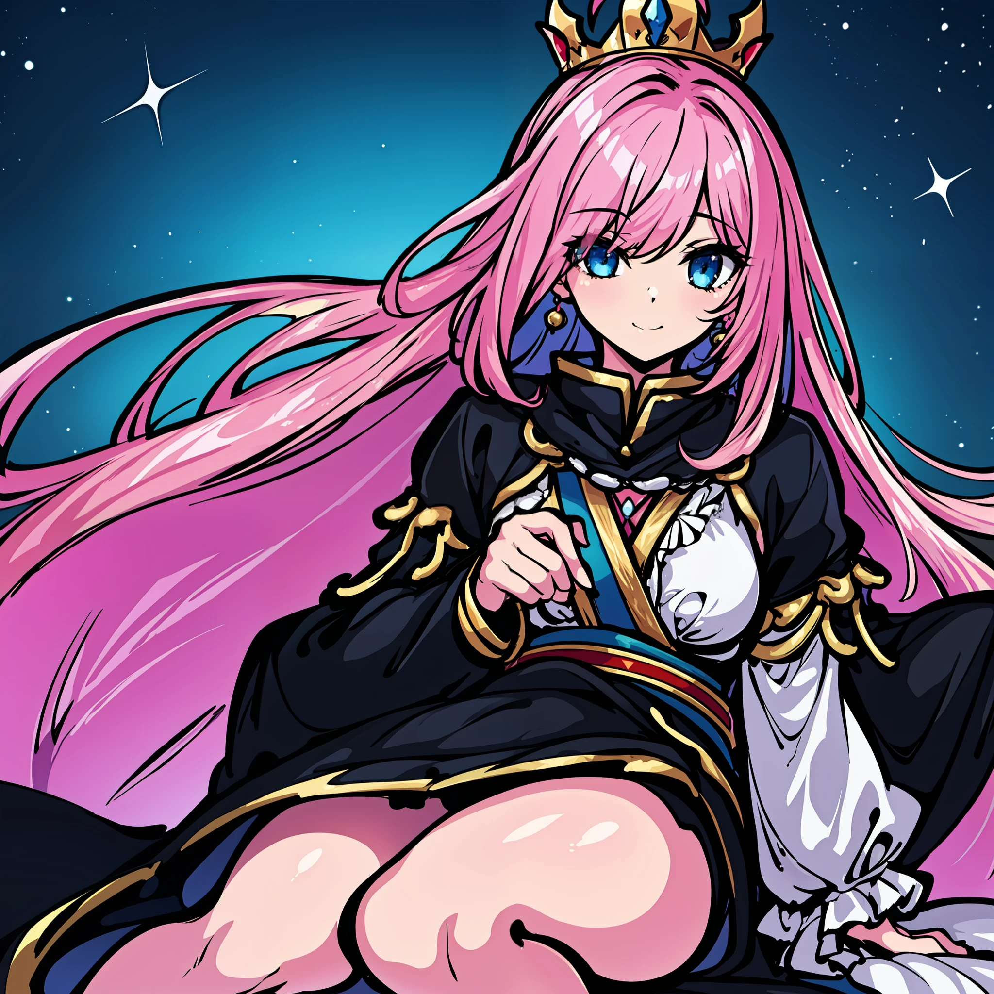 Galactic space Empress of Desires pink hair covering one eye blue eyes wearing royal gold and black robes who is kind and sweet, Masterpiece, high-quality, 1girl, solo, crowned