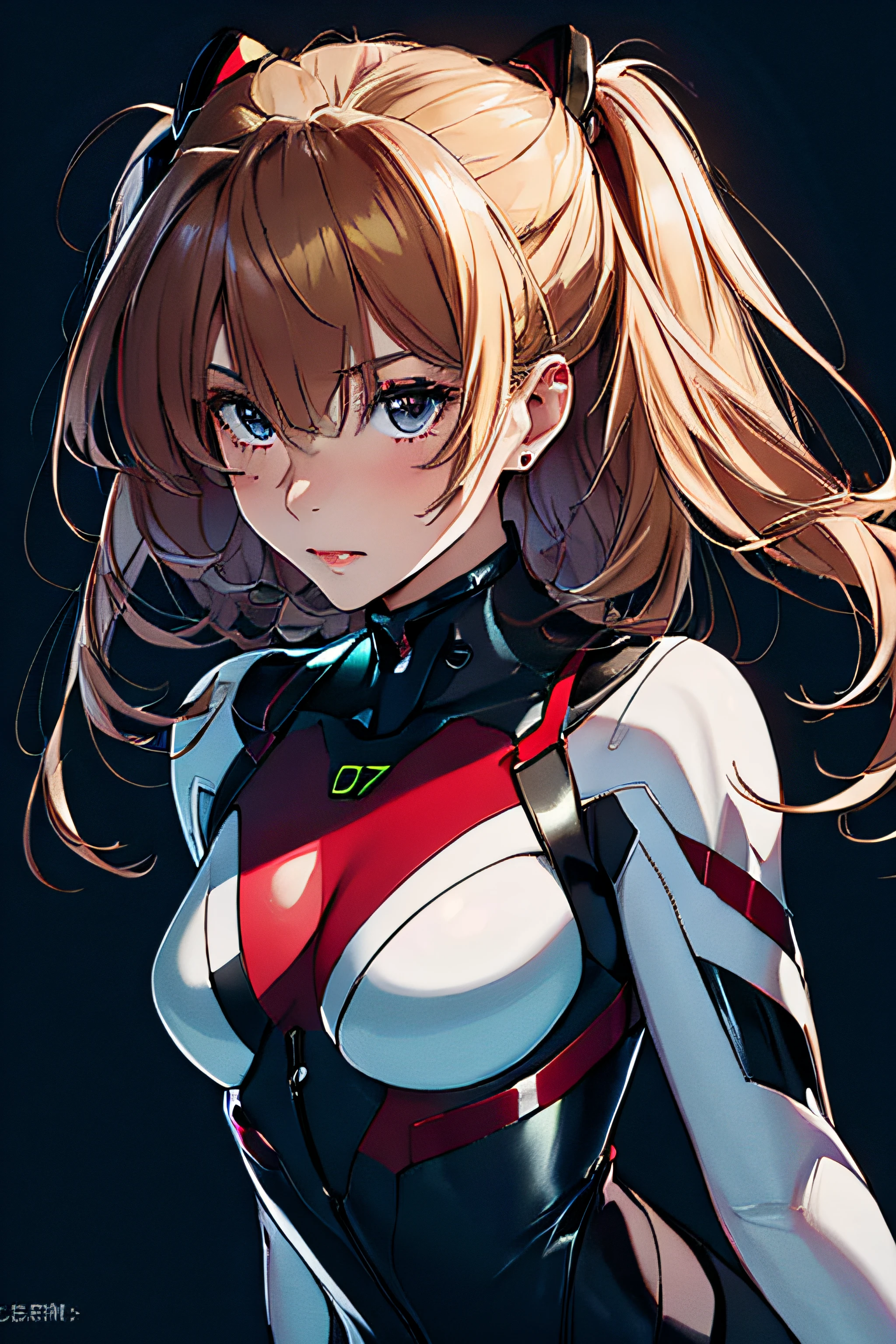 official arts, Unity 8k壁纸, ultra Detailed, Beautiful and beautiful, master masterpiece, best best quality, PhotoRealistic,full body portrait ,Do the tsundere motion of skin dents, Souryuu Tomorrow Shanglangley, Interface headset, Bodysuit Under Clothes, Detailed eyes, Detailed face, detailed hair, with a black background, Straight Forward, looking at the viewers, Shiny,
